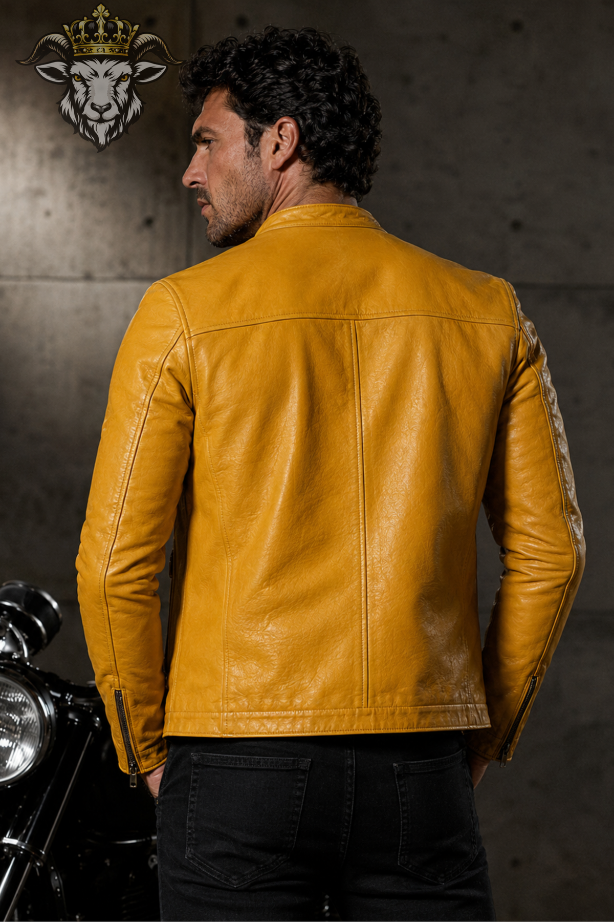Men's Yellow Real Leather Biker Jacket – Slim Fit Motorcycle Jacket, Stand Collar Moto Jacket, Men's Yellow Leather Coat