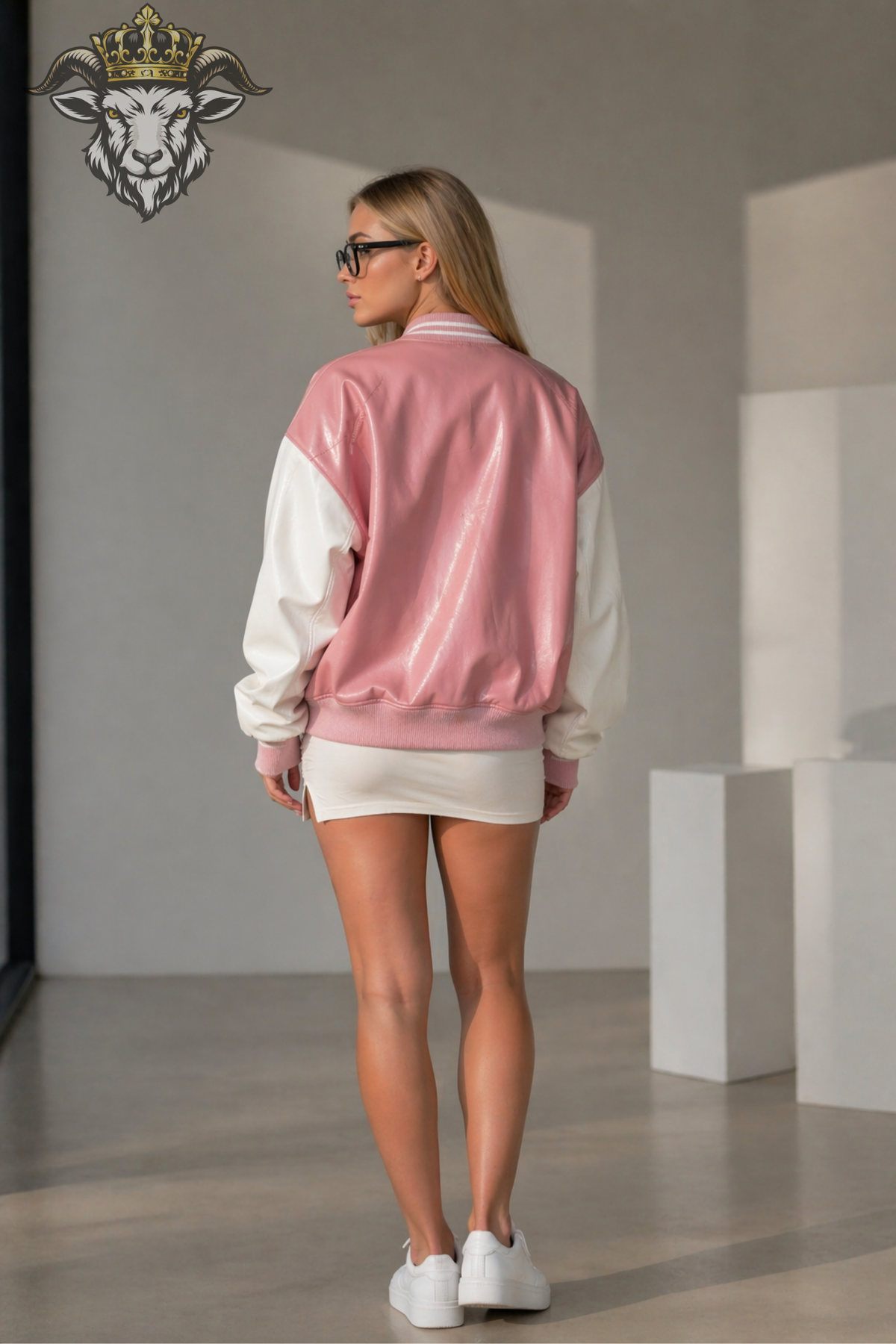 Women's Pink & White Leather Varsity Bomber Jacket, Oversized Two Tone Jacket, Ribbed Streetwear Outerwear, Modern Casual Jacket
