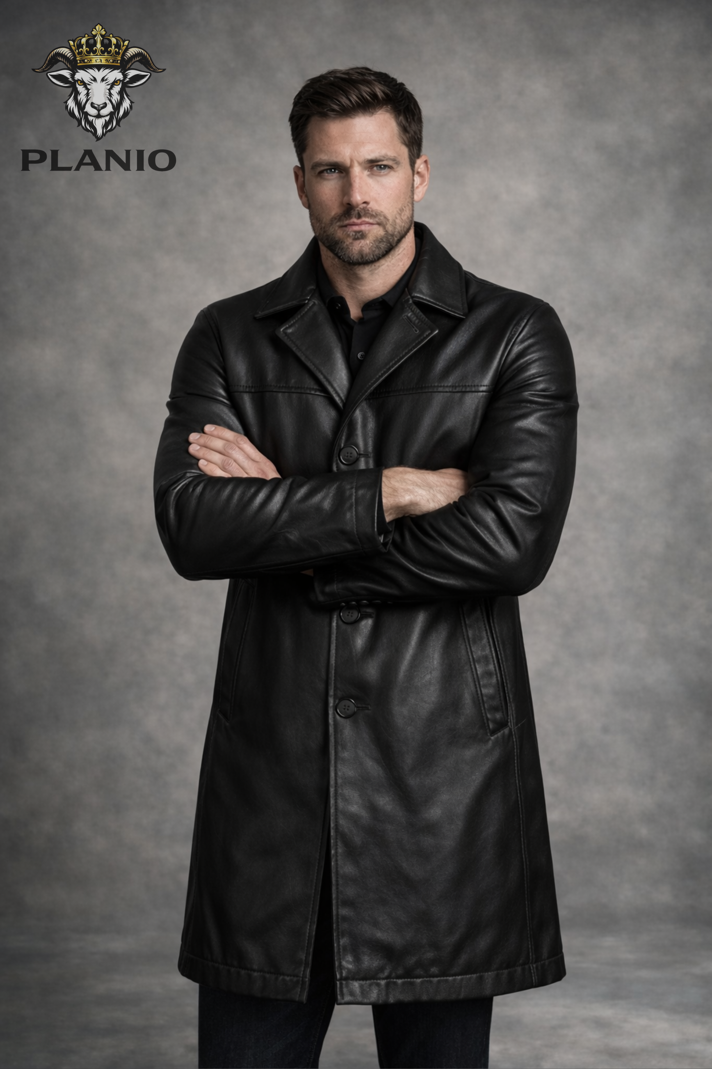 Men’s Black Real Leather Longcoat – Above Knee Button Front Leather Coat