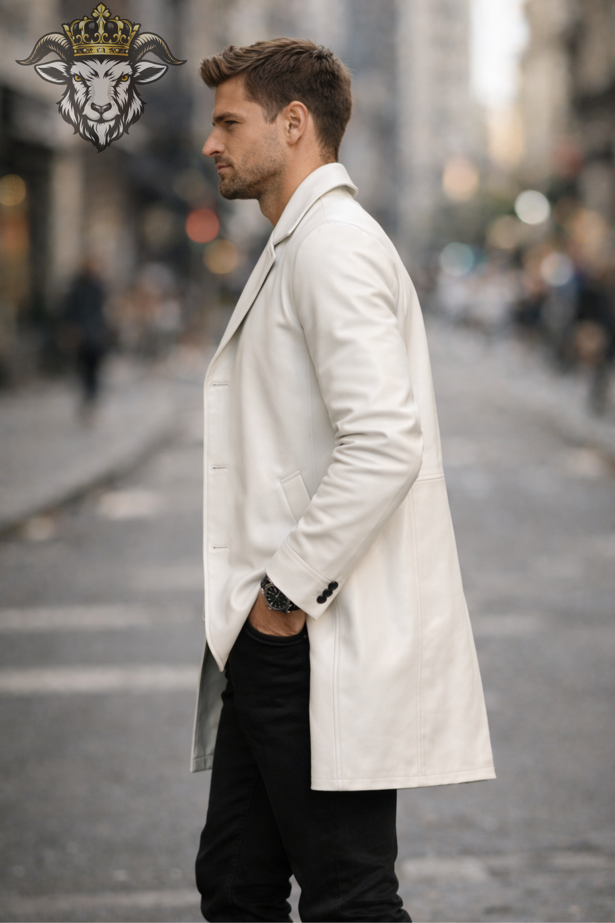 Men's White Tailored Coat, Longline Button Front Jacket, Classic Lapel Collar Overcoat, Minimalist Smart Casual Outerwear
