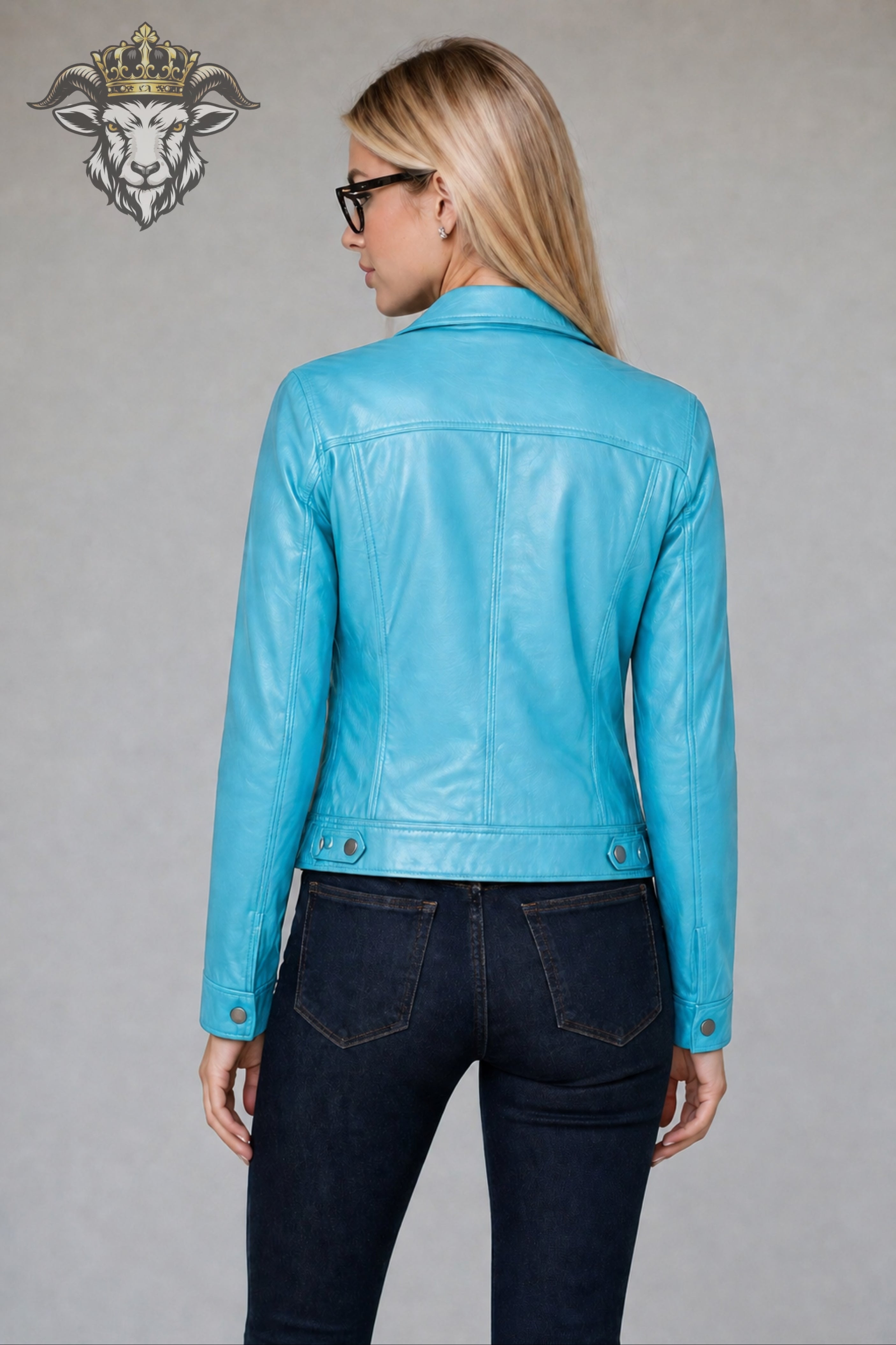 Women’s Cyan Real Leather Trucker Jacket