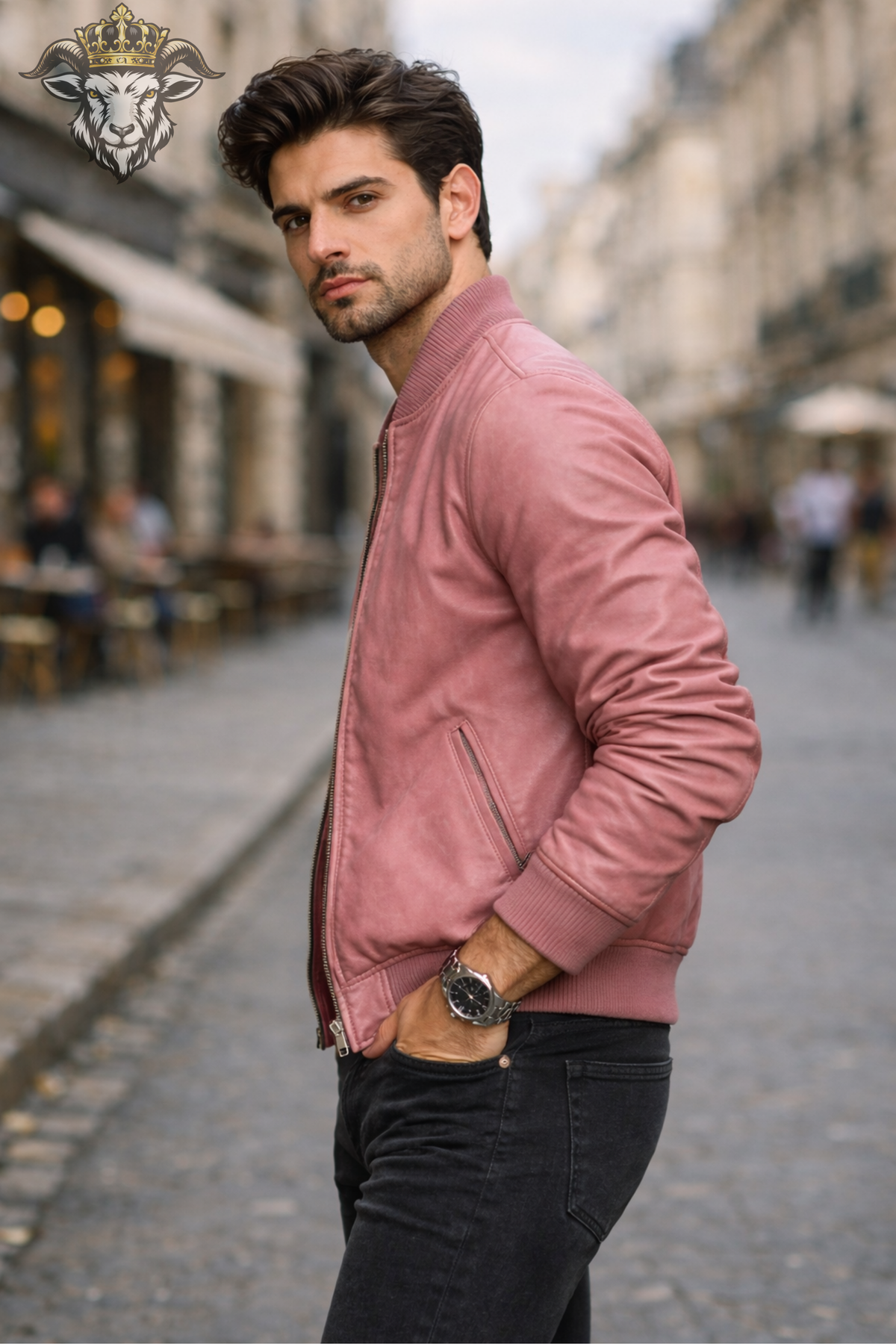 Men’s Pink Leather Bomber Jacket, Slim Fit Ribbed Collar Zip Jacket, Modern Streetwear Outerwear, Casual Fashion Jacket for Men