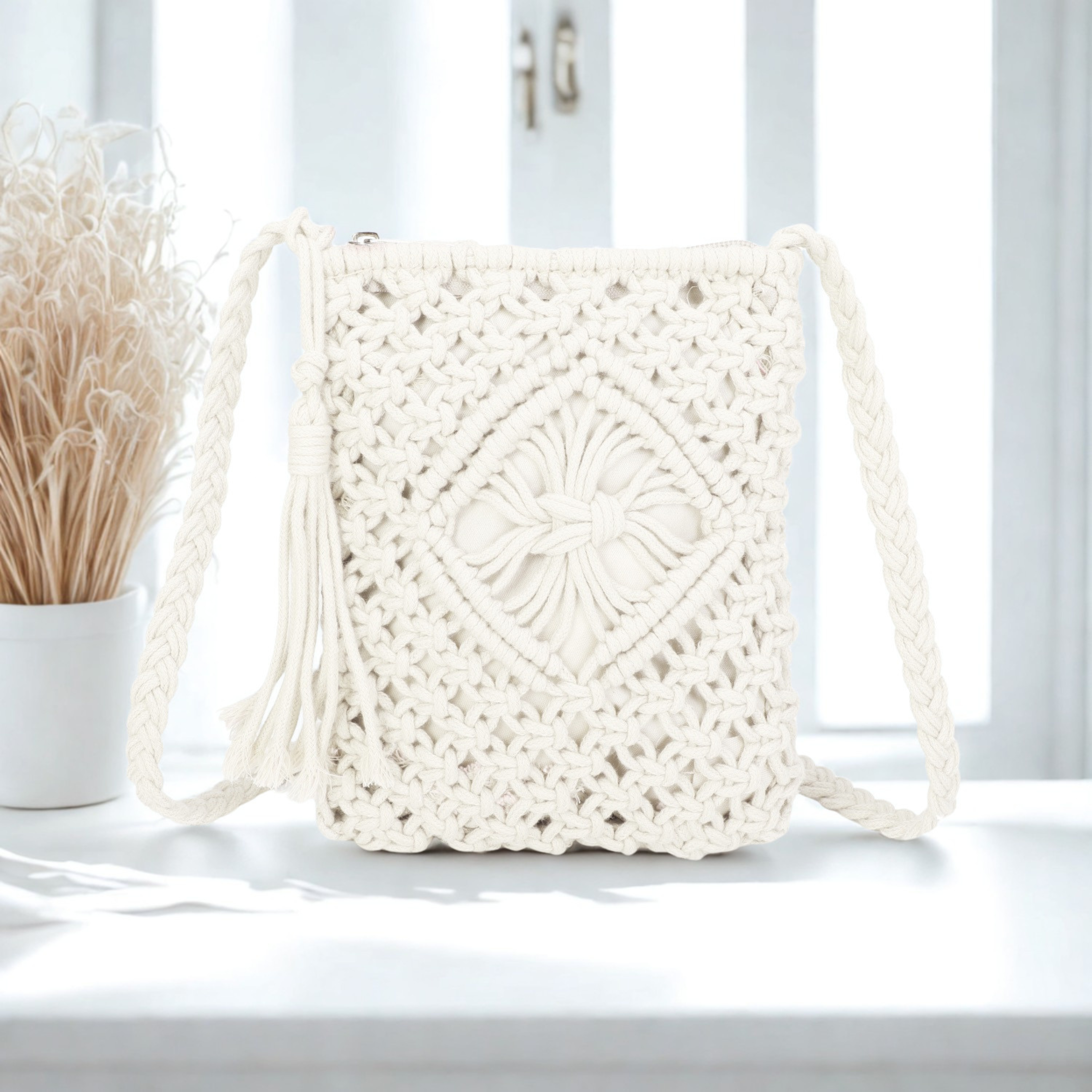 Women’s Crochet Crossbody Bag – Knitted Synthetic Shoulder Bag with Zip Closure