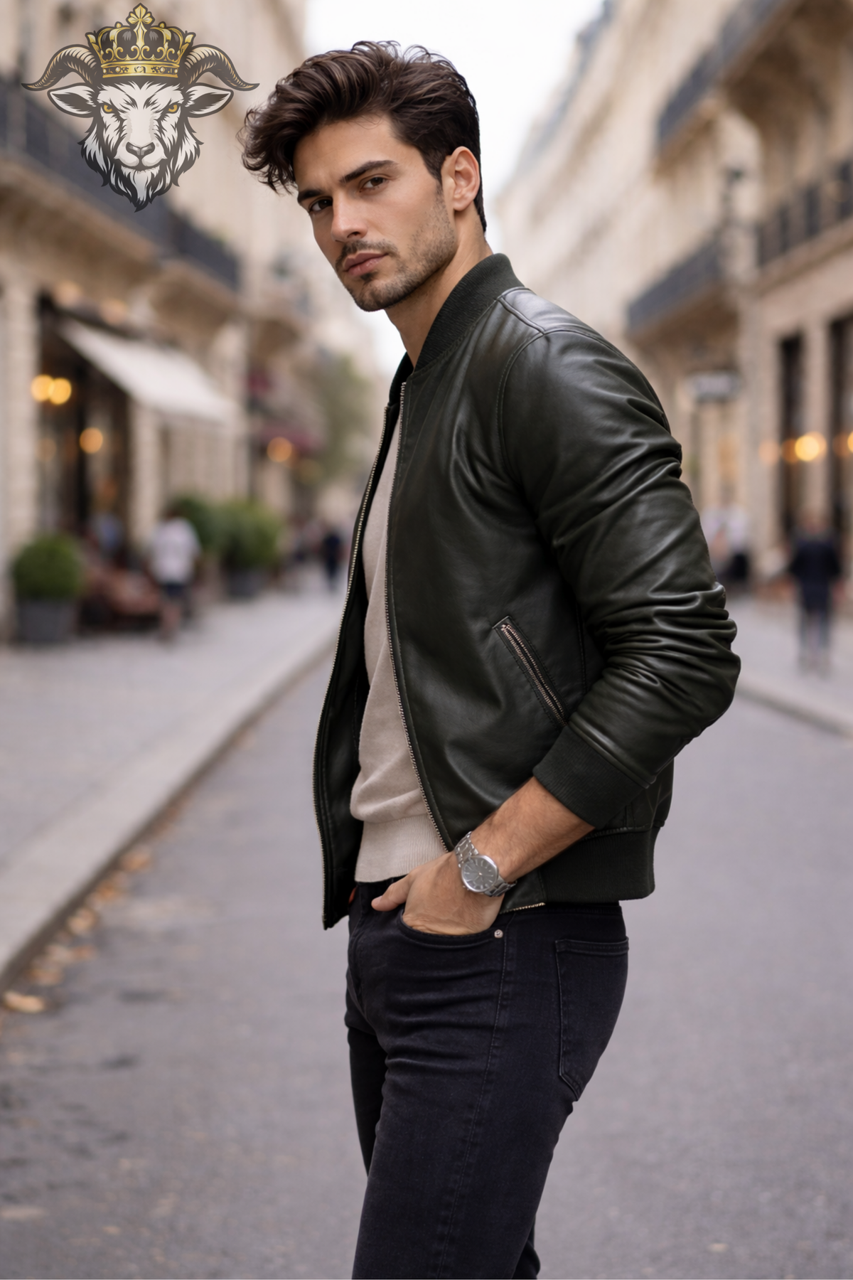 Men's Green Leather Bomber Jacket, Slim Fit Moto Jacket, Ribbed Collar Streetwear Jacket, Casual Zip-Up Leather Outerwear