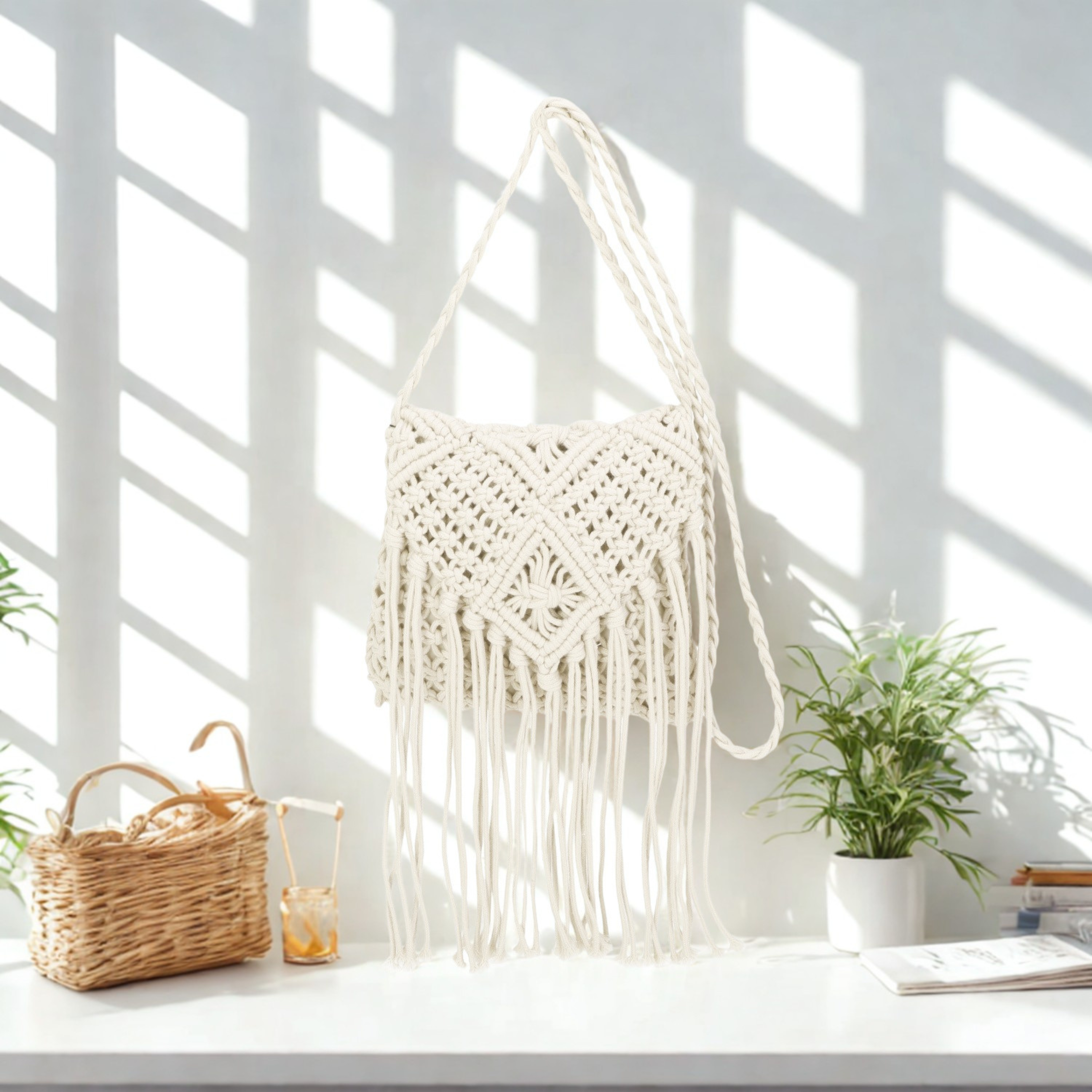 Women’s Knitted Crochet Shoulder Bag – Synthetic Top Zip Flap Crossbody Bag with Long Strap