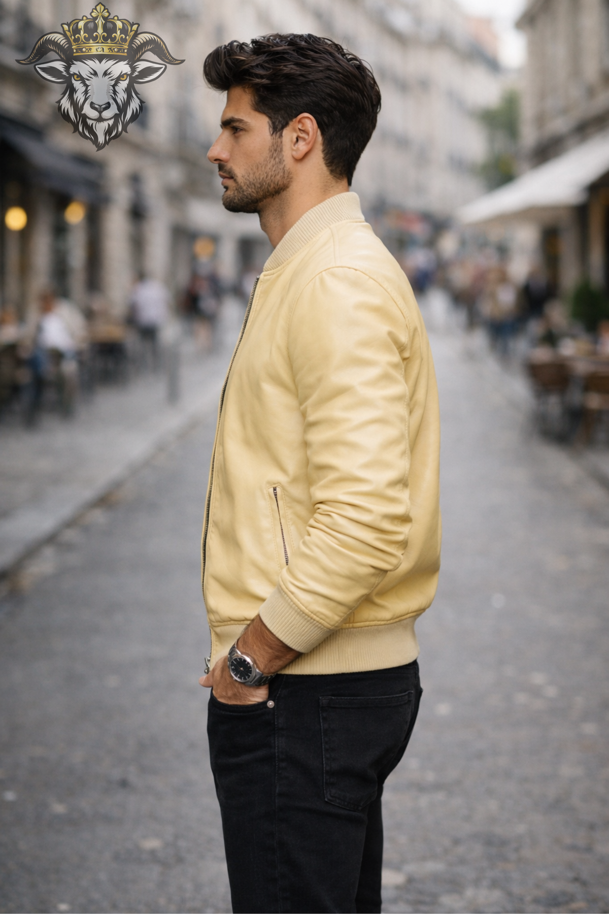 Men's Butter Yellow Bomber Jacket, Light Yellow Zip Up Jacket, Ribbed Collar Flight Style Outerwear, Modern Casual Men's Jacket