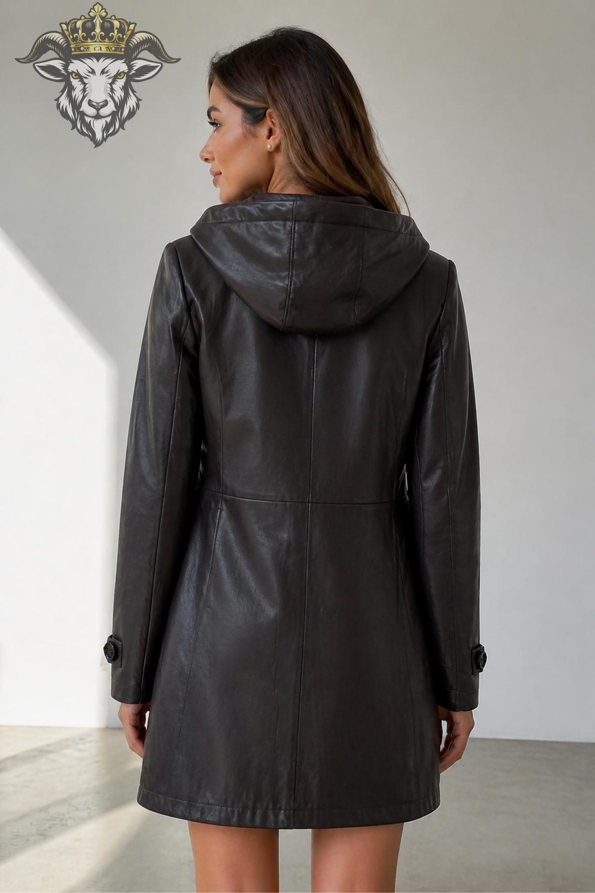 Women's Charcoal Leather Hooded Coat, Mid-Thigh Leather Jacket, Button Front Hooded Outerwear, Tailored Winter Coat, Elegant Minimalist Jacket