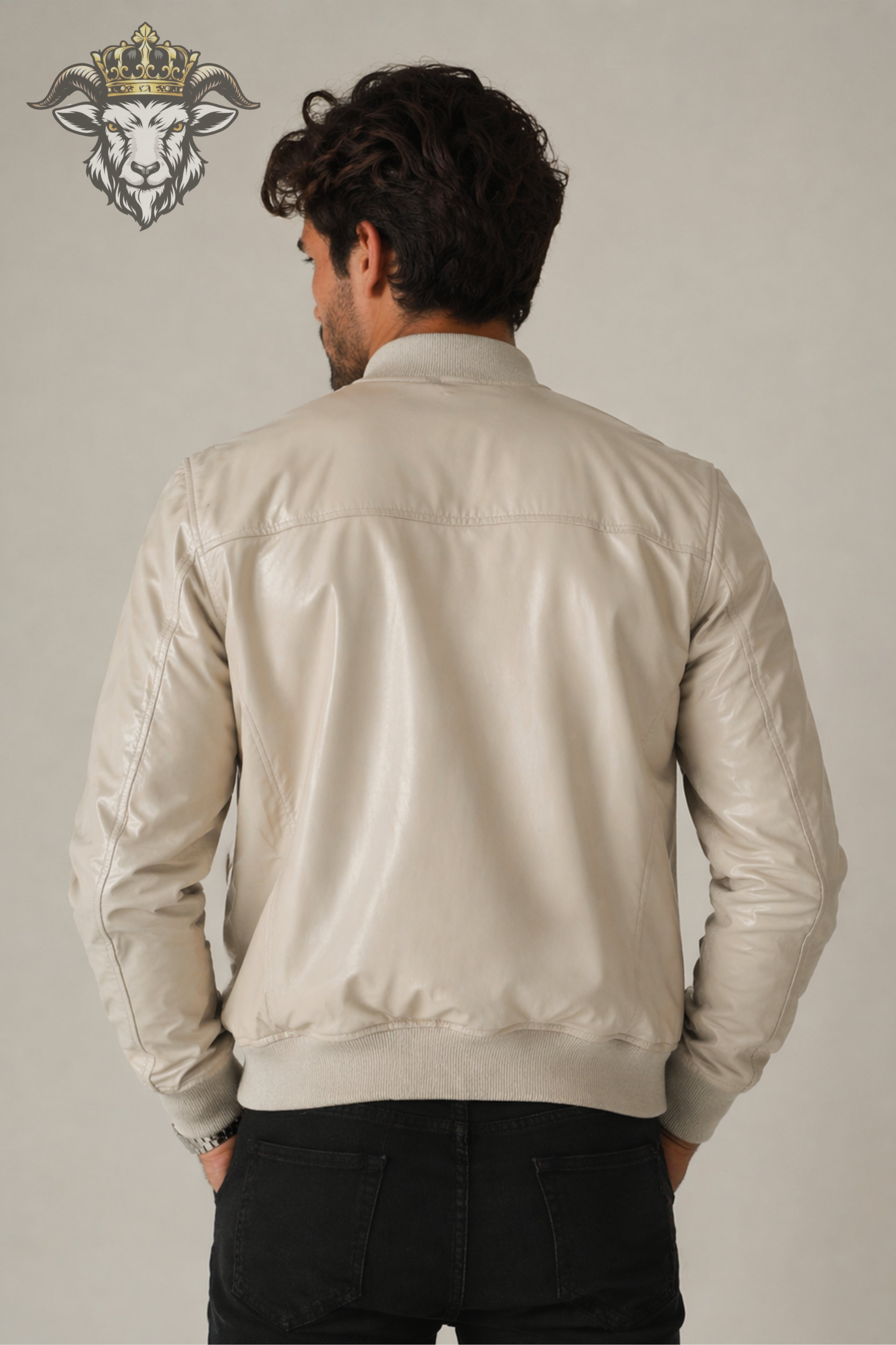 Men’s Cream Real Leather Bomber Jacket