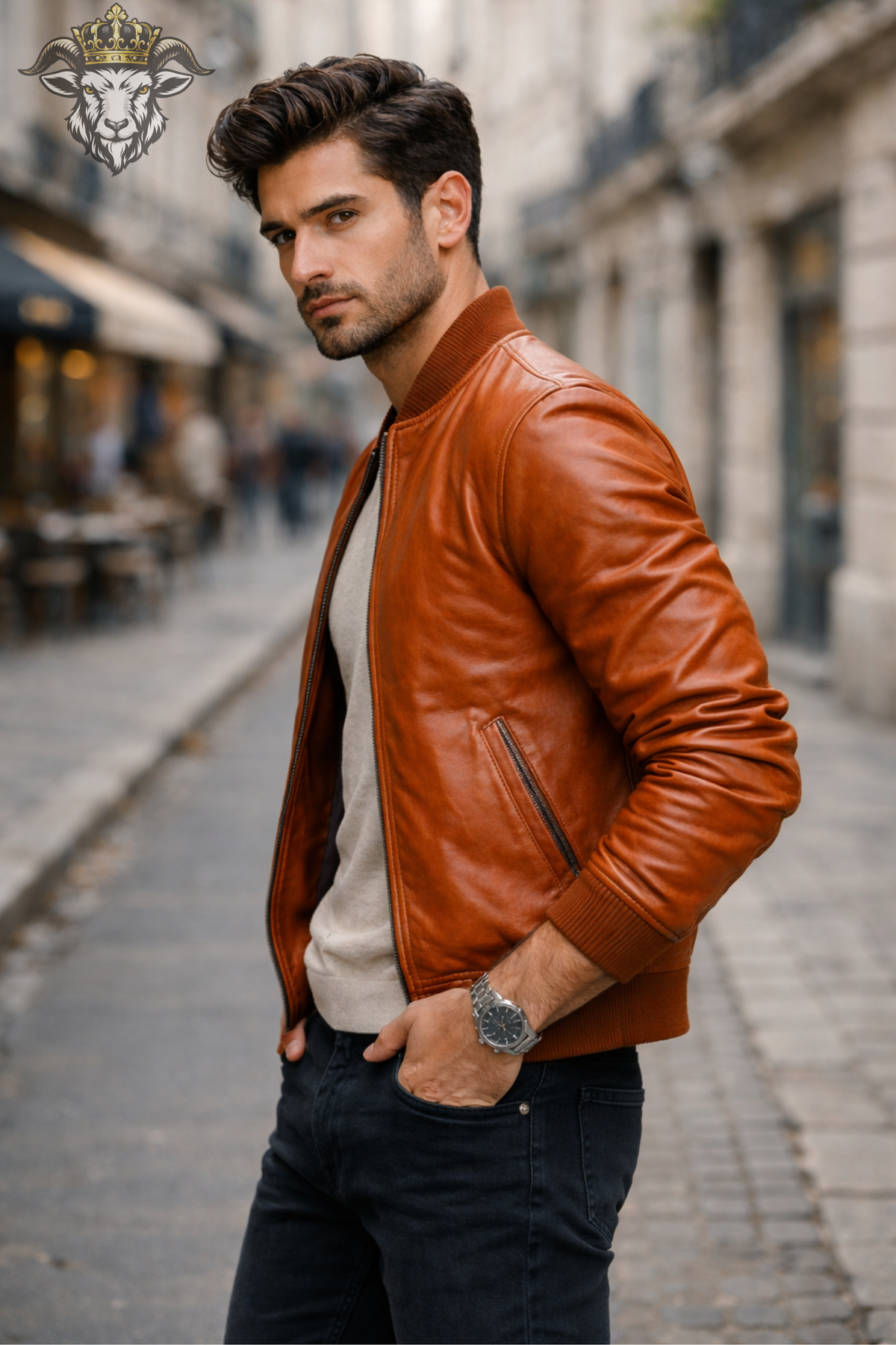 Men's Burnt Orange Real Leather Bomber Jacket, Premium Vintage Style Moto Jacket, Ribbed Collar Zip Jacket, Luxury Casual Outerwear