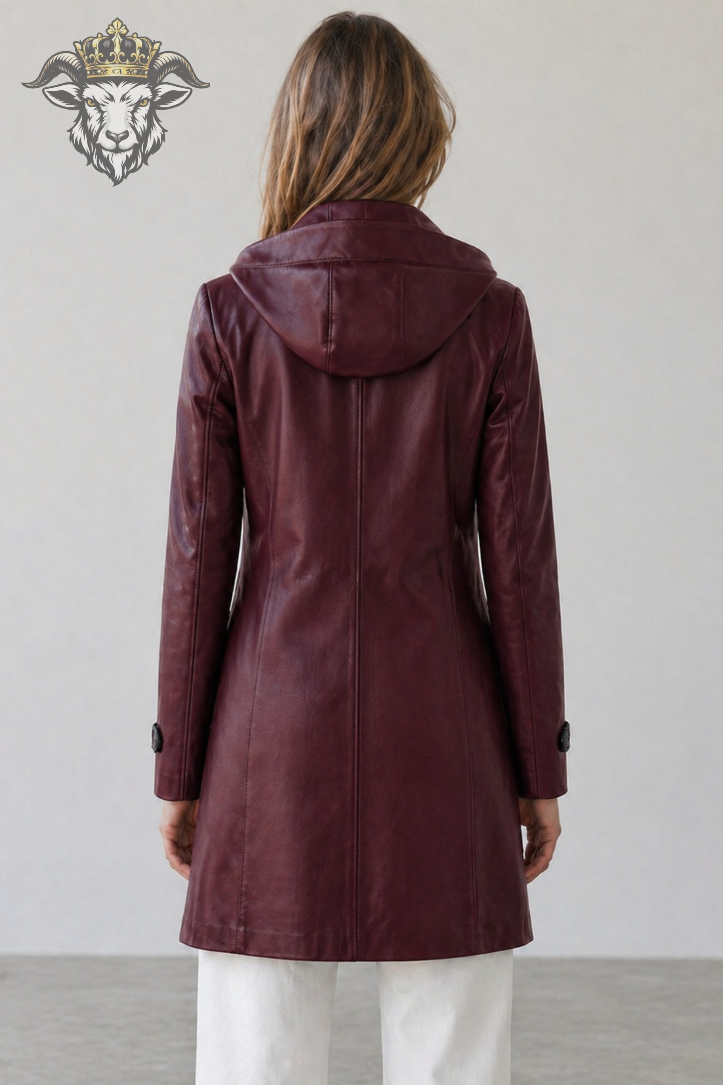 Women’s Burgundy Real Leather Hooded Coat