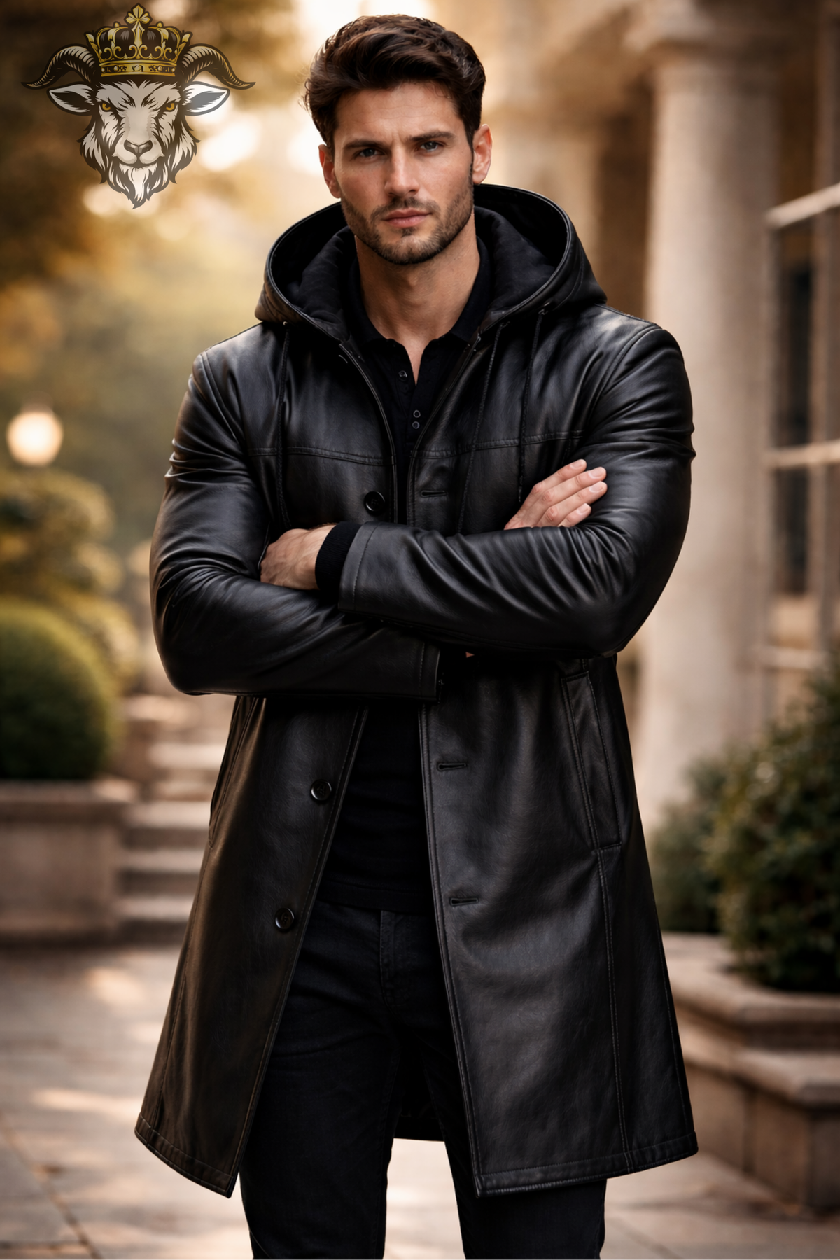Men's Black Real Leather Hooded Long Coat, Men's Leather Trench Coat, Above Knee Winter Jacket, Gothic Streetwear, Button Front Outerwear