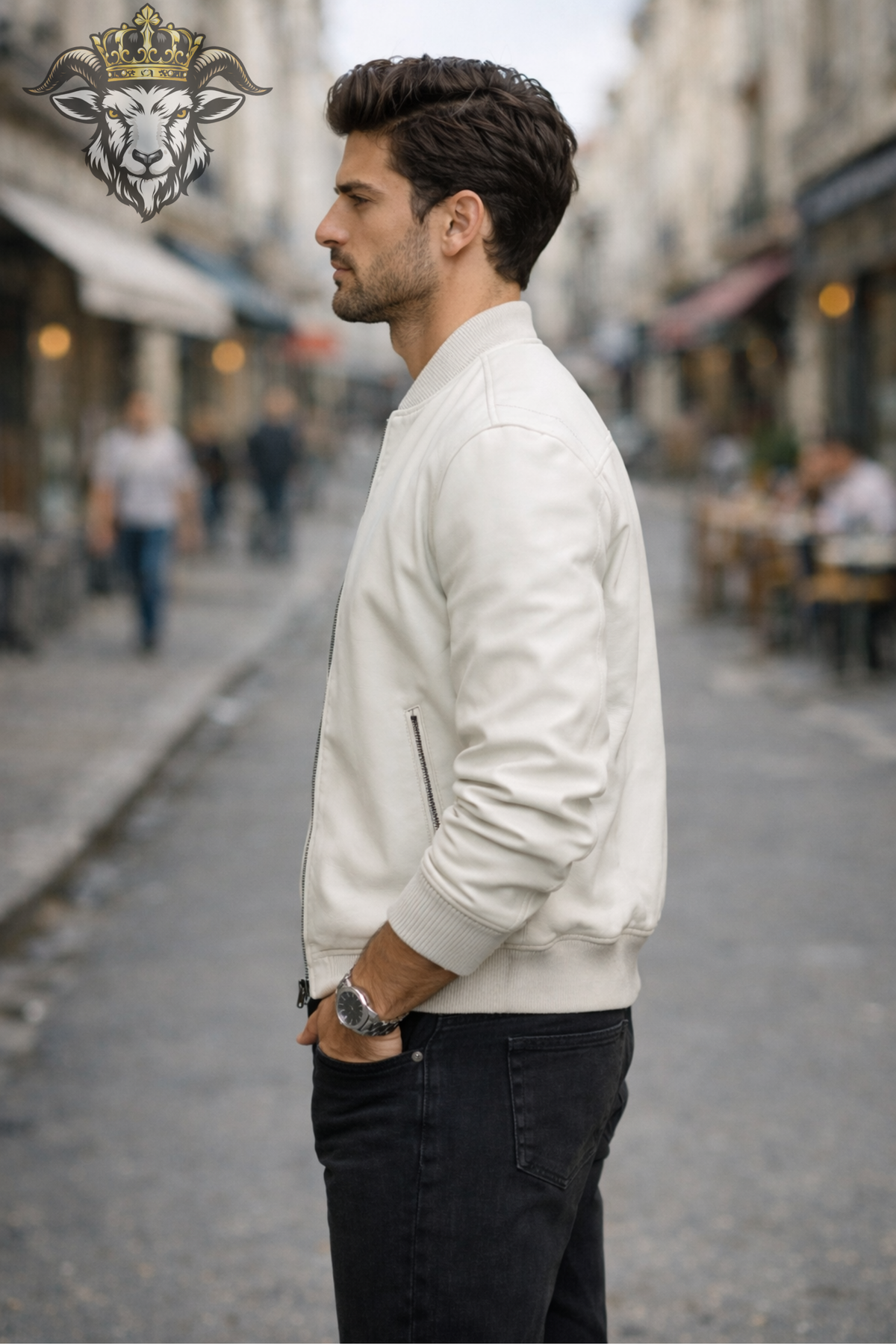 Men's White Leather Bomber Jacket, Minimalist Ribbed Zip Up Jacket, Modern Casual Streetwear Outerwear