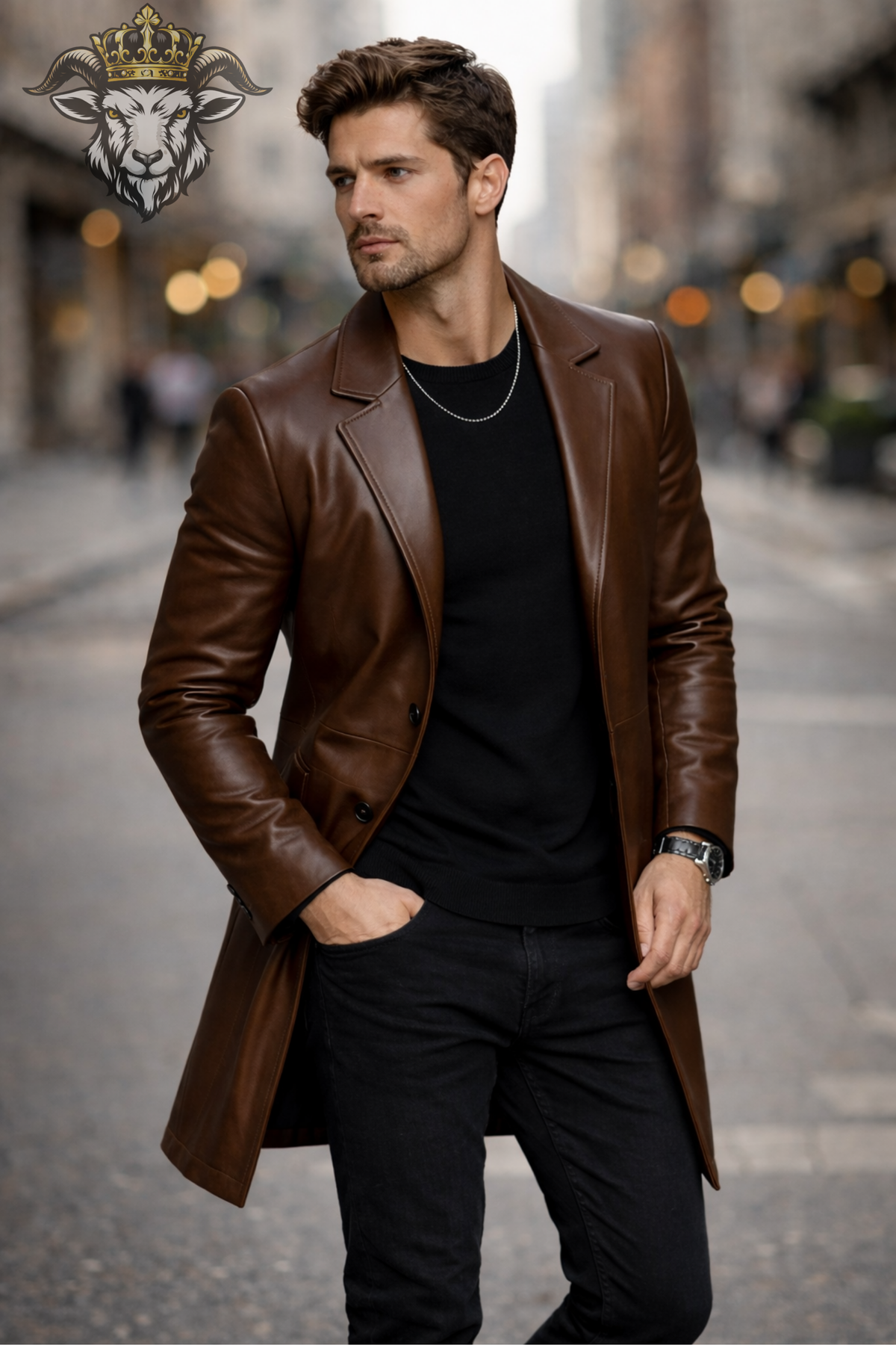 Men's Brown Leather Overcoat, Slim Fit 3 Button Coat, Mid Length Tailored Jacket, Classic Lapel Men's Outerwear