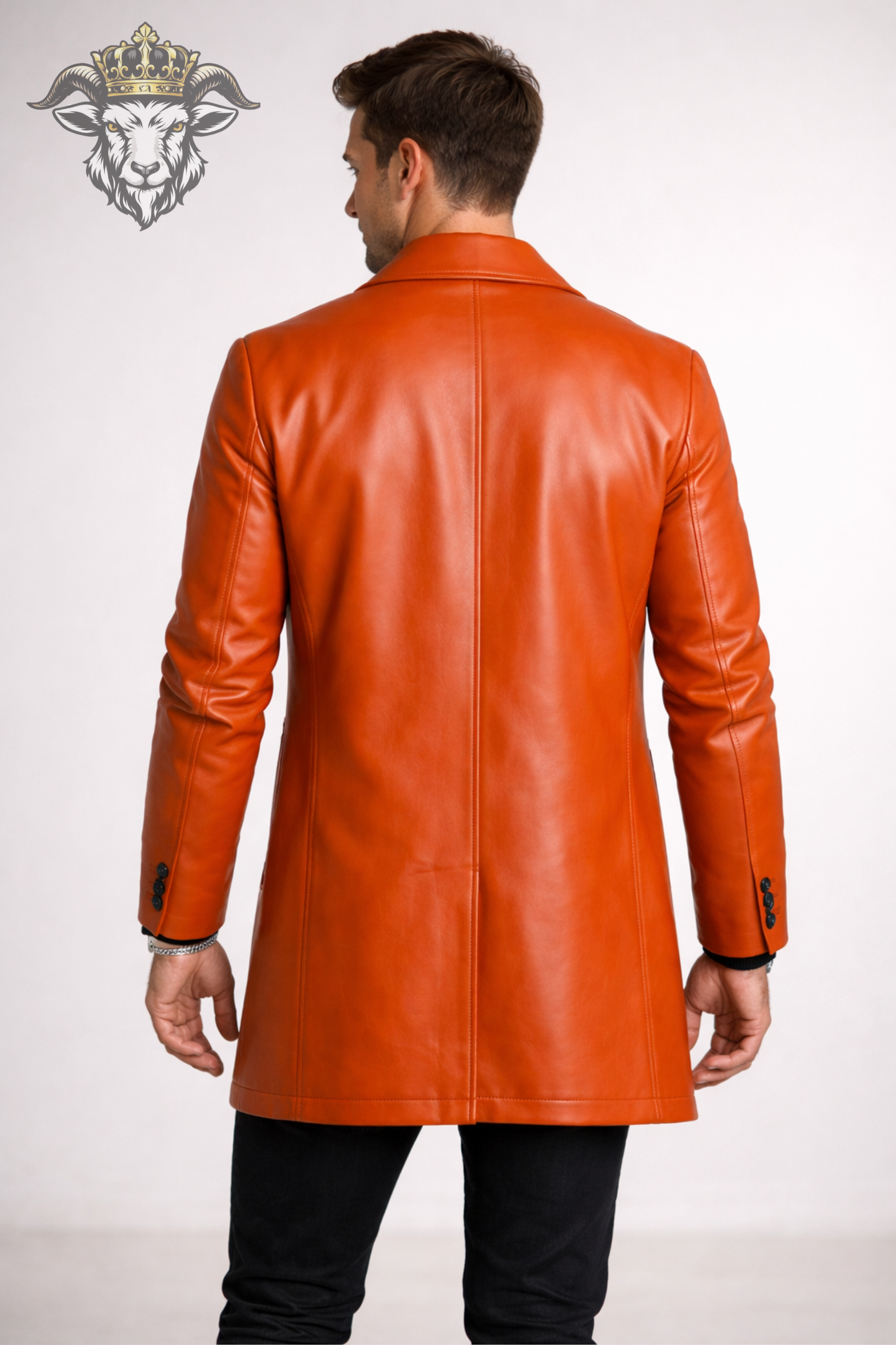 Men’s Orange Real Leather Coat – Mid-Thigh Premium Tailored Overcoat with Matte Finish | Modern Slim Fit Designer Jacket