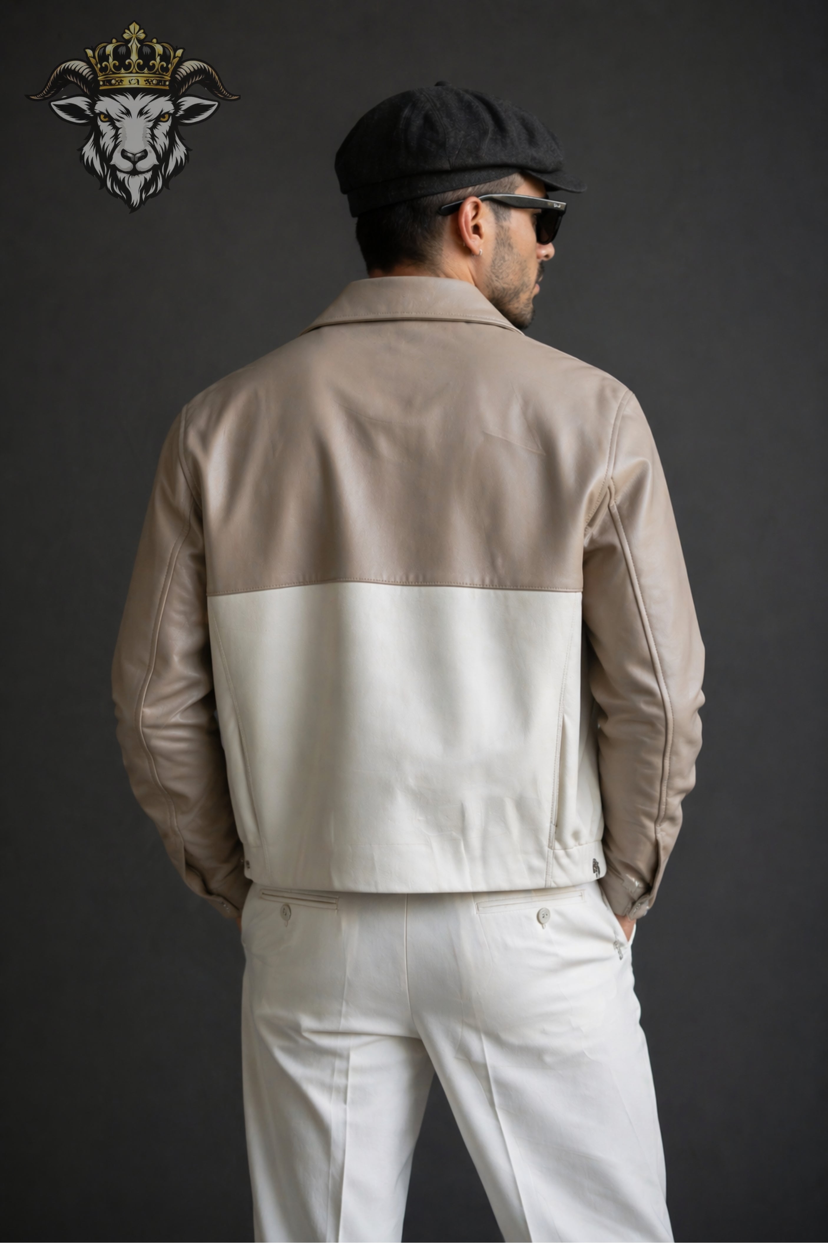 Men’s Two-Tone(Beige/Cream) Oversize Real Leather Bomber Jacket