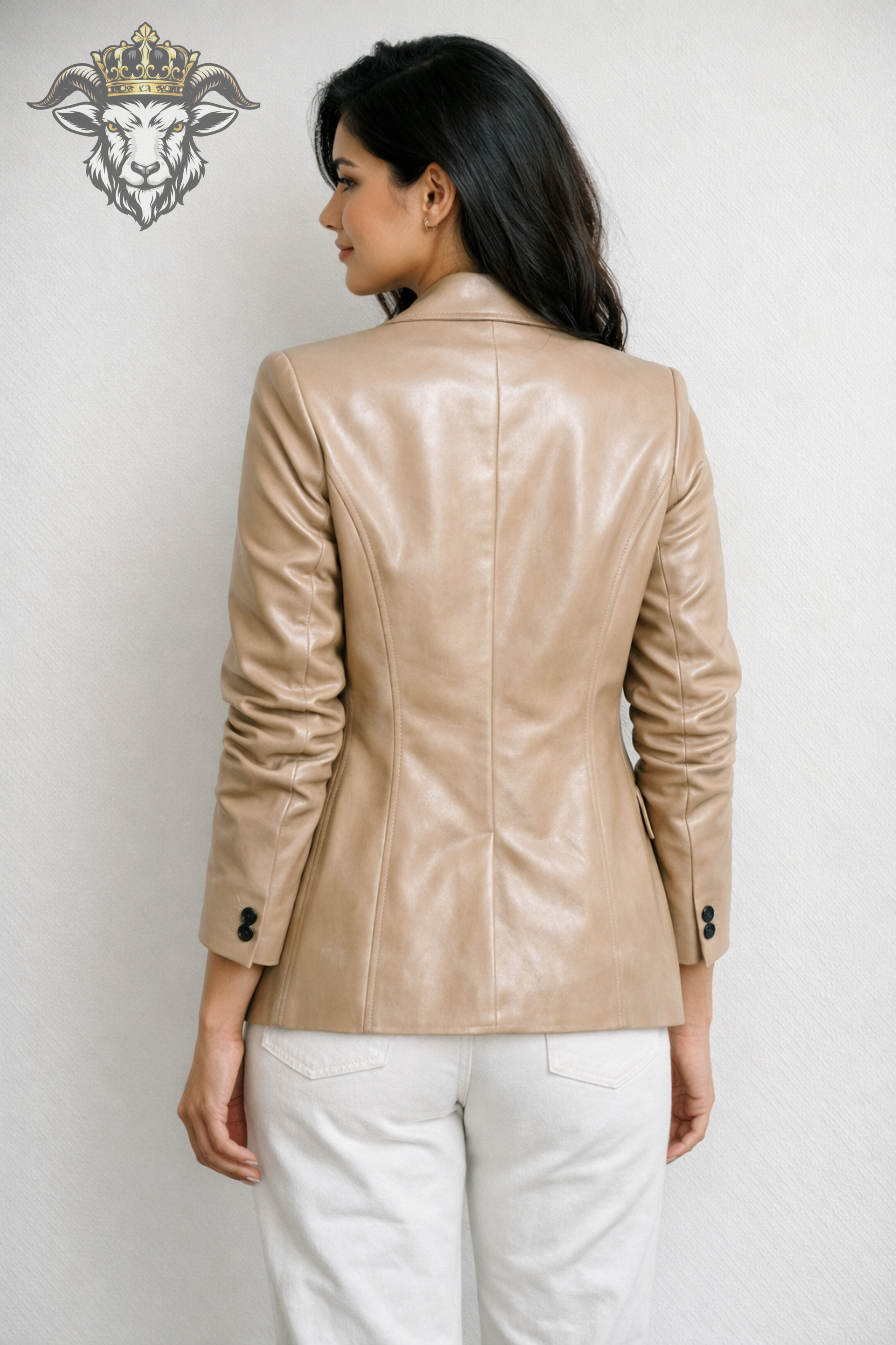 Women’s Beige Real Leather Blazer – Premium Tailored Fit Jacket | Soft Genuine Leather, Classic Button Coat, Elegant Minimalist Style
