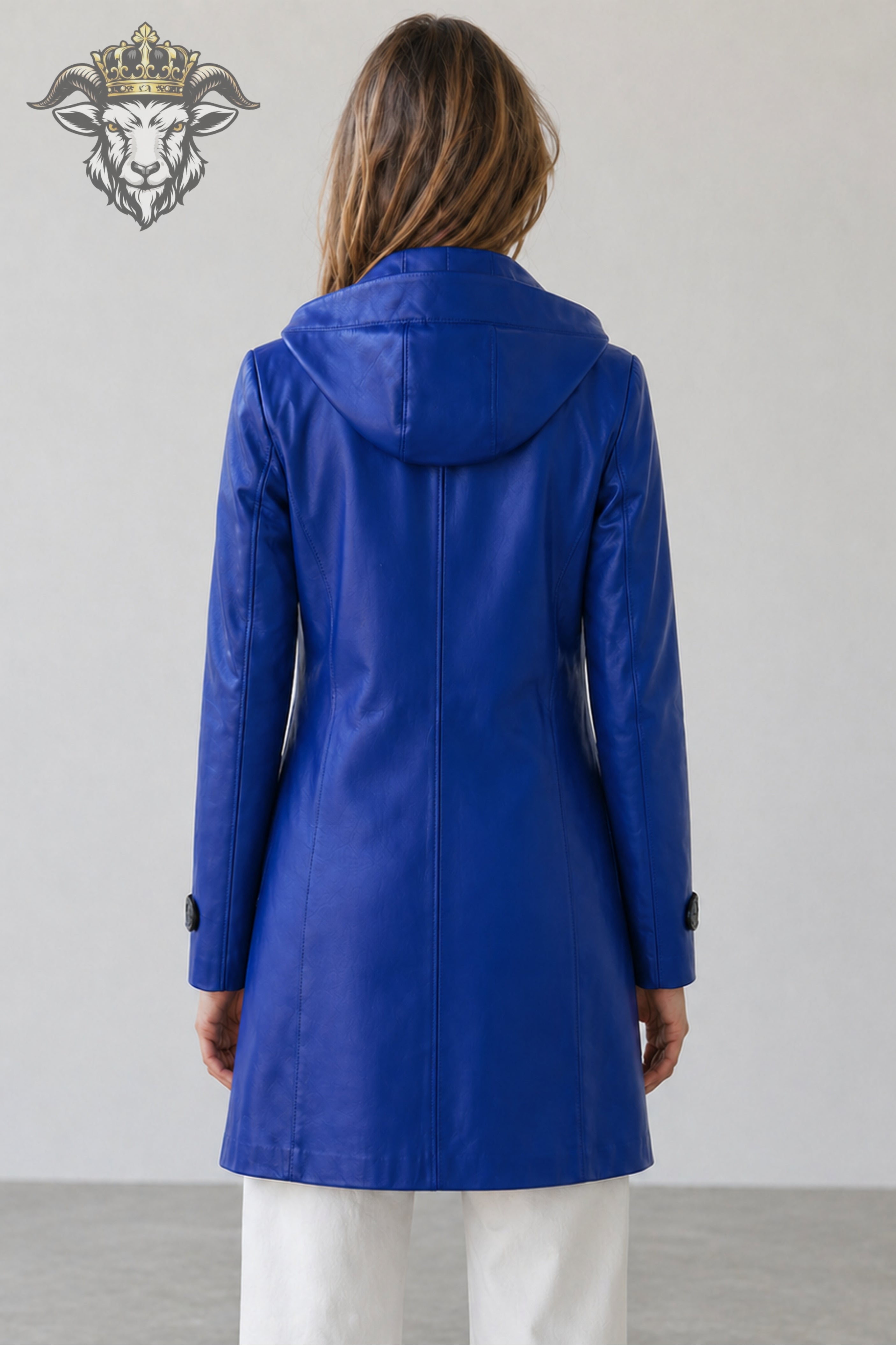 Women’s Royal Blue Real Leather Hooded Coat