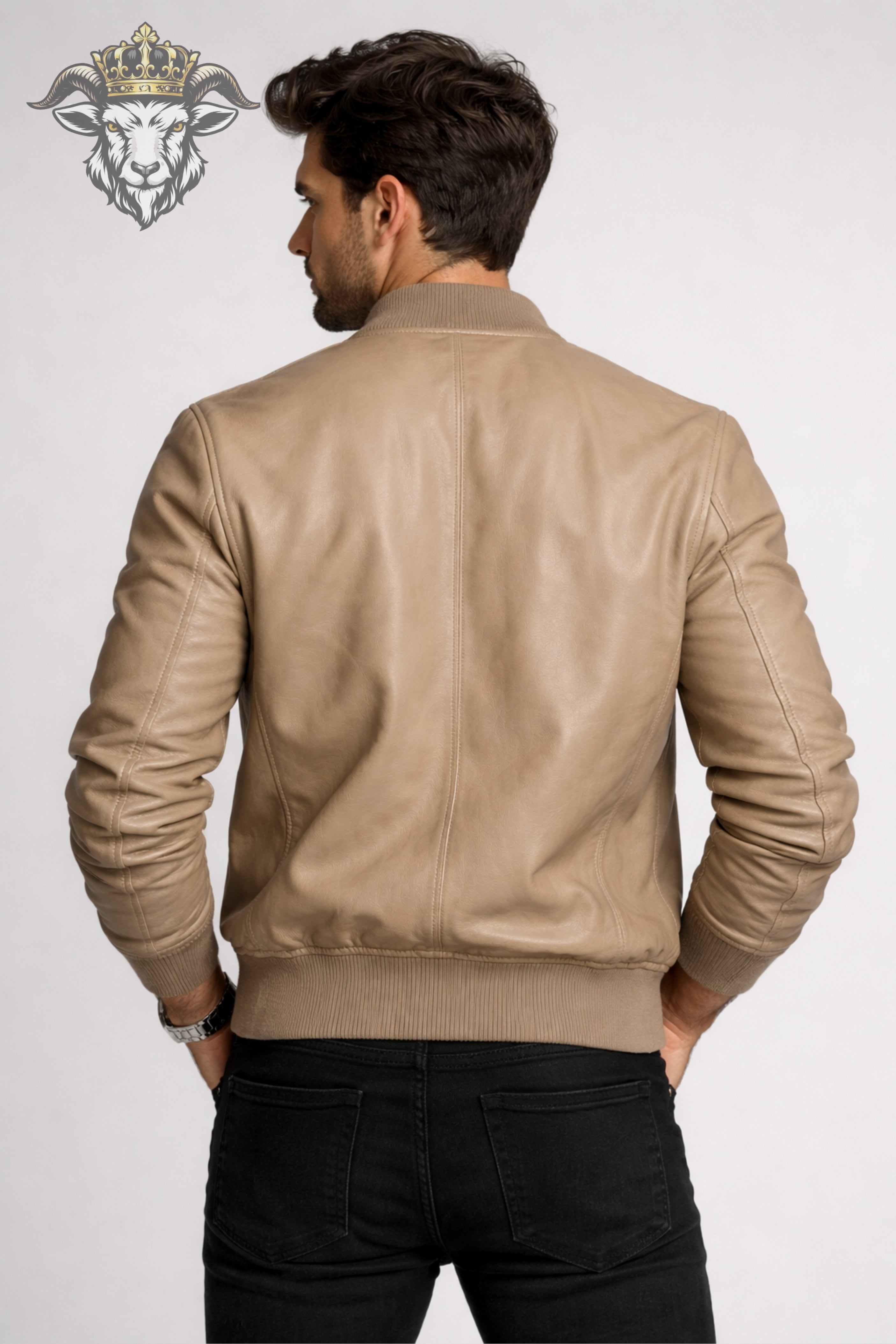 Men’s Beige Real Leather Bomber Jacket