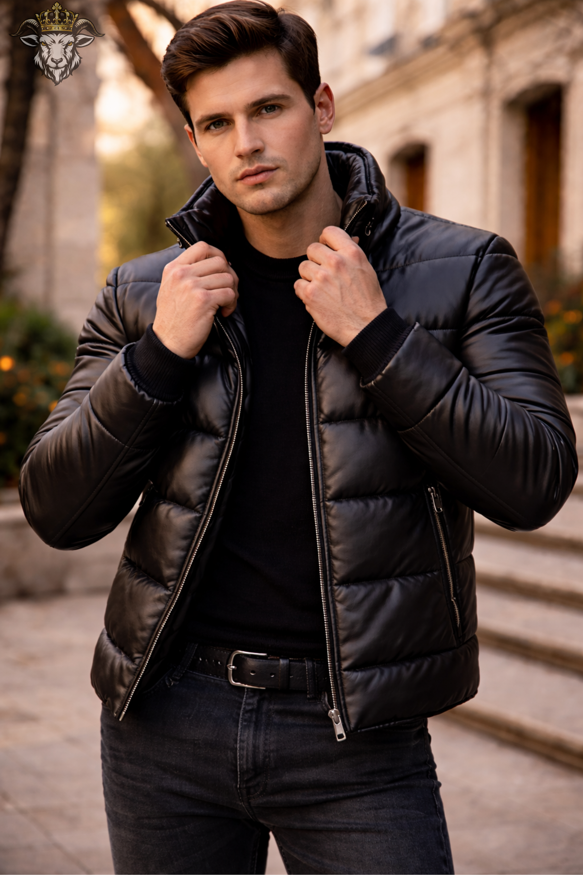 Men’s Black Genuine Leather Puffer Jacket, Quilted Winter Bomber Coat, Real Leather Zip Up Jacket, Stylish Warm Streetwear Outerwear