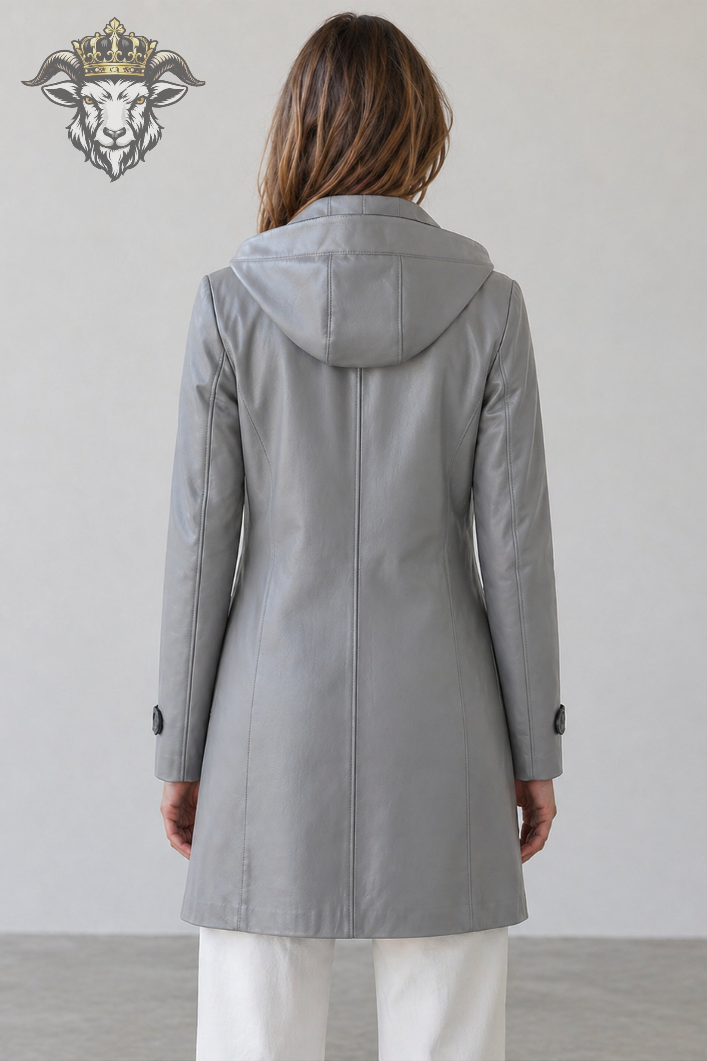Women’s Grey Real Leather Hooded Coat
