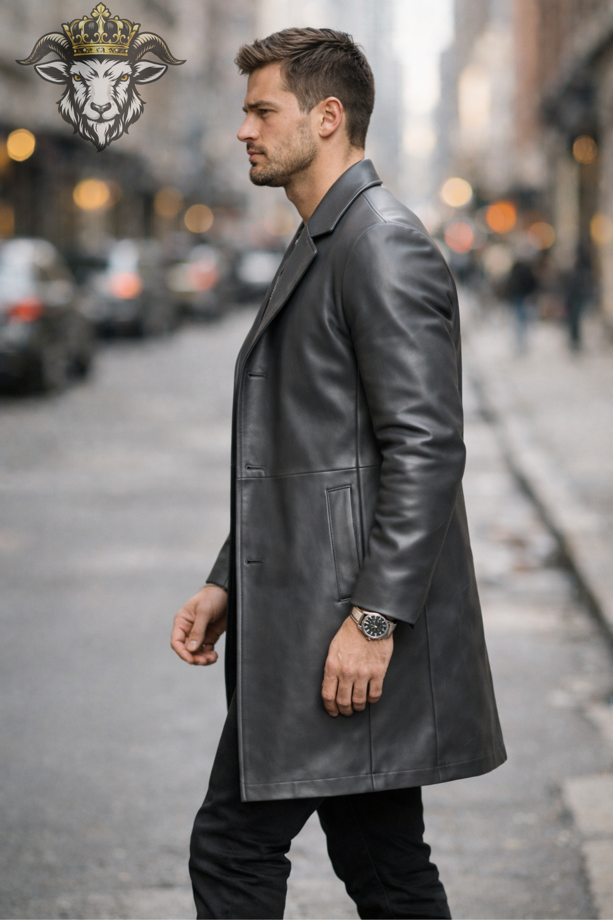 Men's Grey Leather Overcoat, Tailored Button Front Coat, Classic Lapel Long Jacket, Modern Minimalist Outerwear