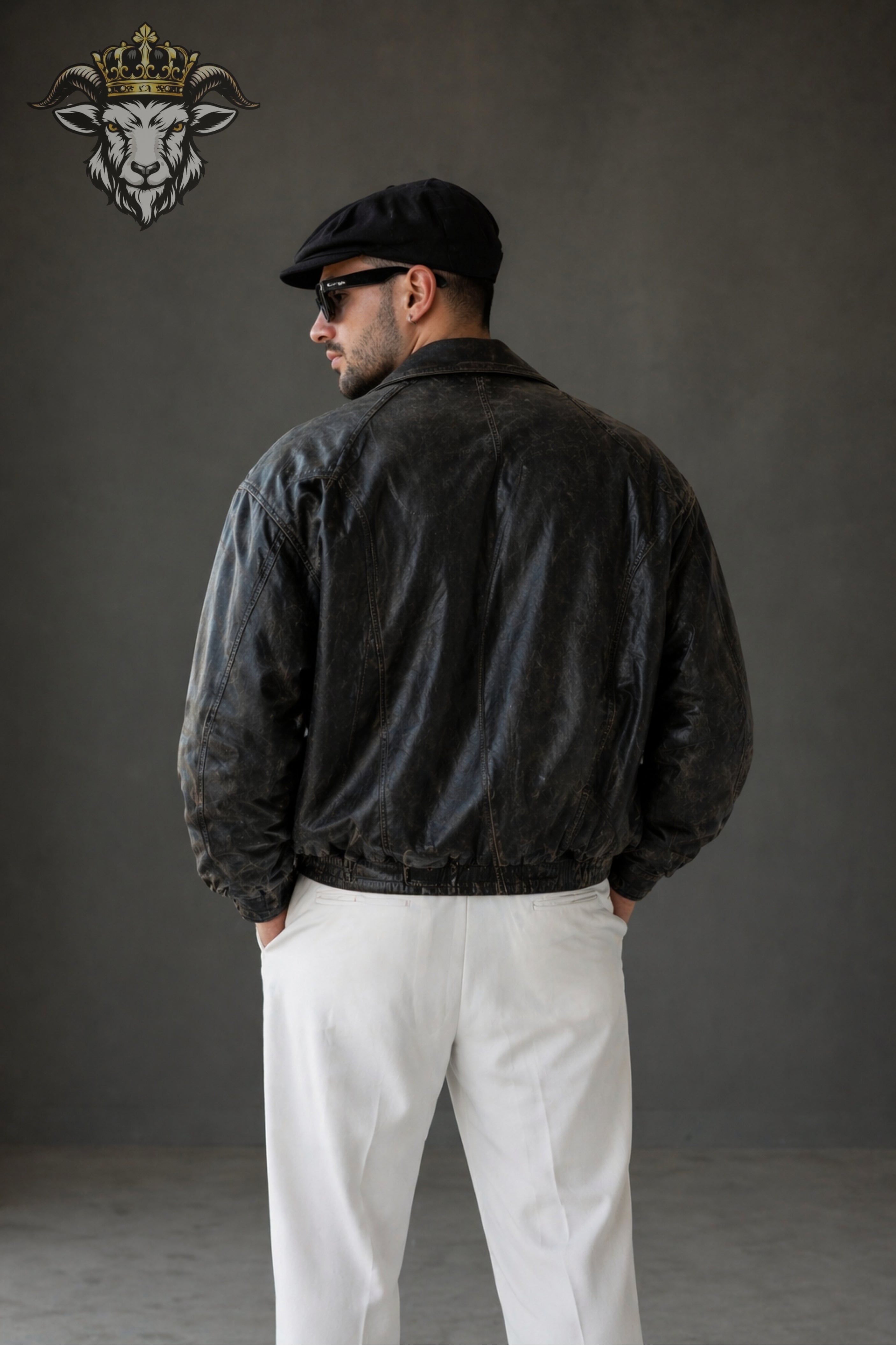 Men’s Distress Black Oversize Real Leather Bomber Jacket