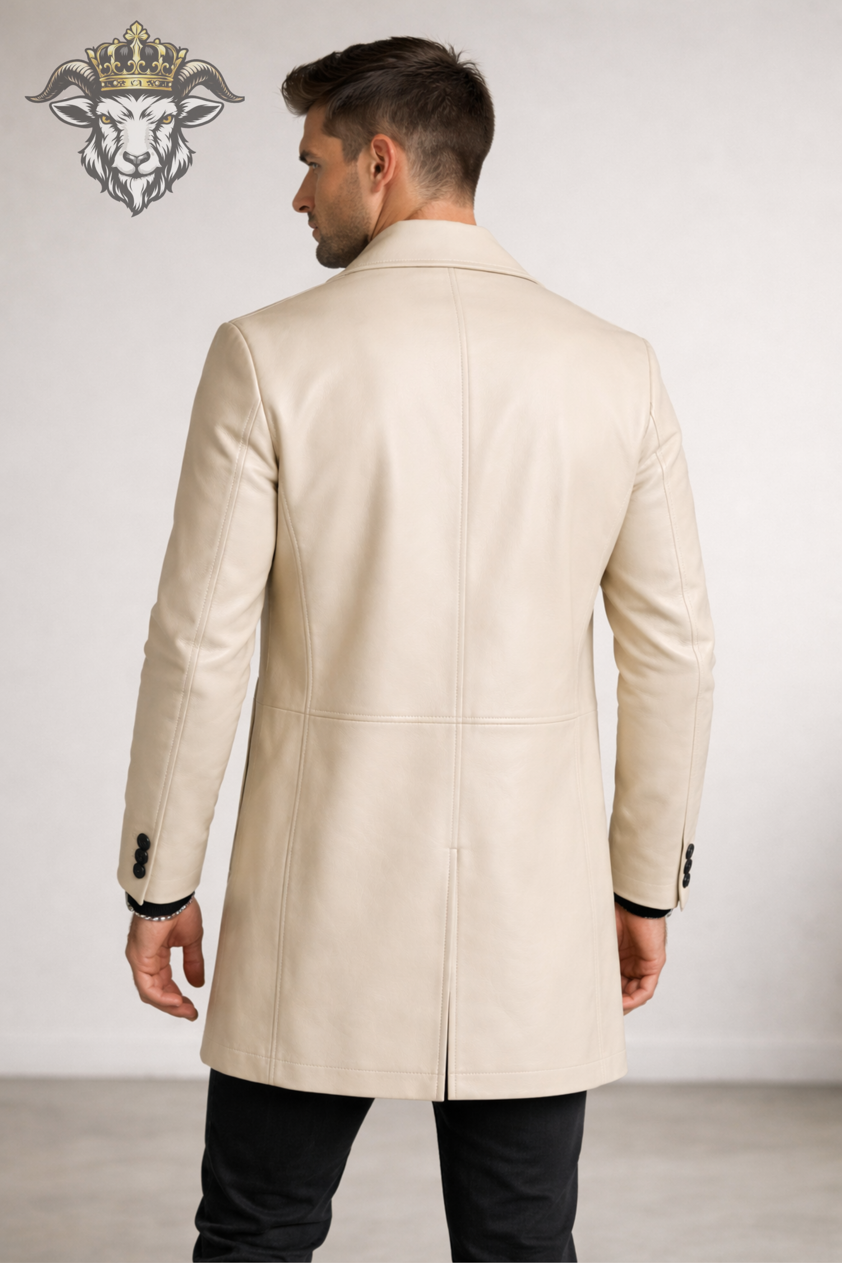 Men’s Cream Real Leather Coat – Mid-Thigh Length Premium Tailored Jacket | Matte Finish, Modern Slim Fit Winter Overcoat