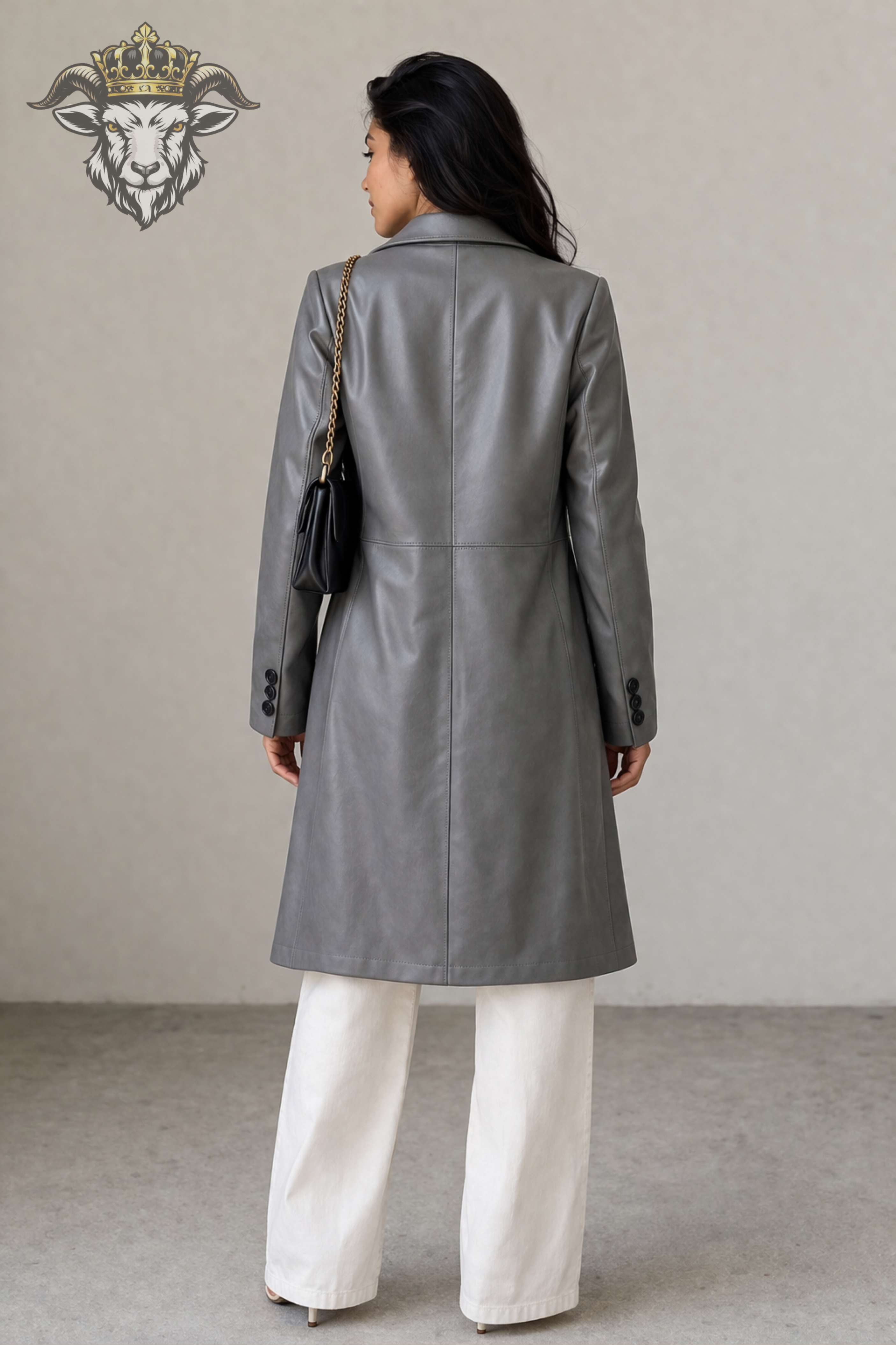 Women’s Grey Real Leather Knee-Length Coat