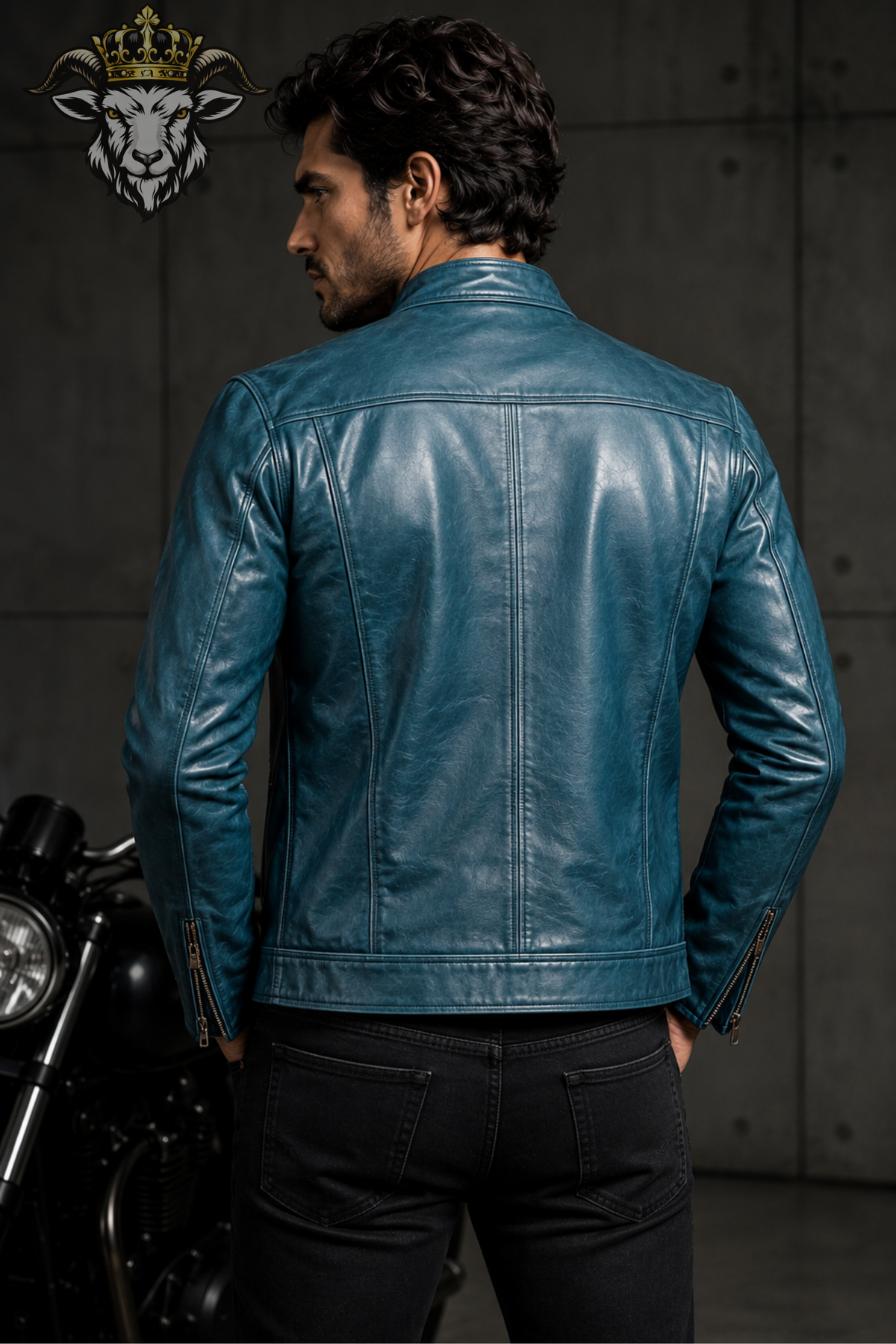Men's Cyan Real Leather Biker Jacket – Slim Fit Motorcycle Jacket, Stand Collar Moto Jacket, Blue Leather Jacket for Men