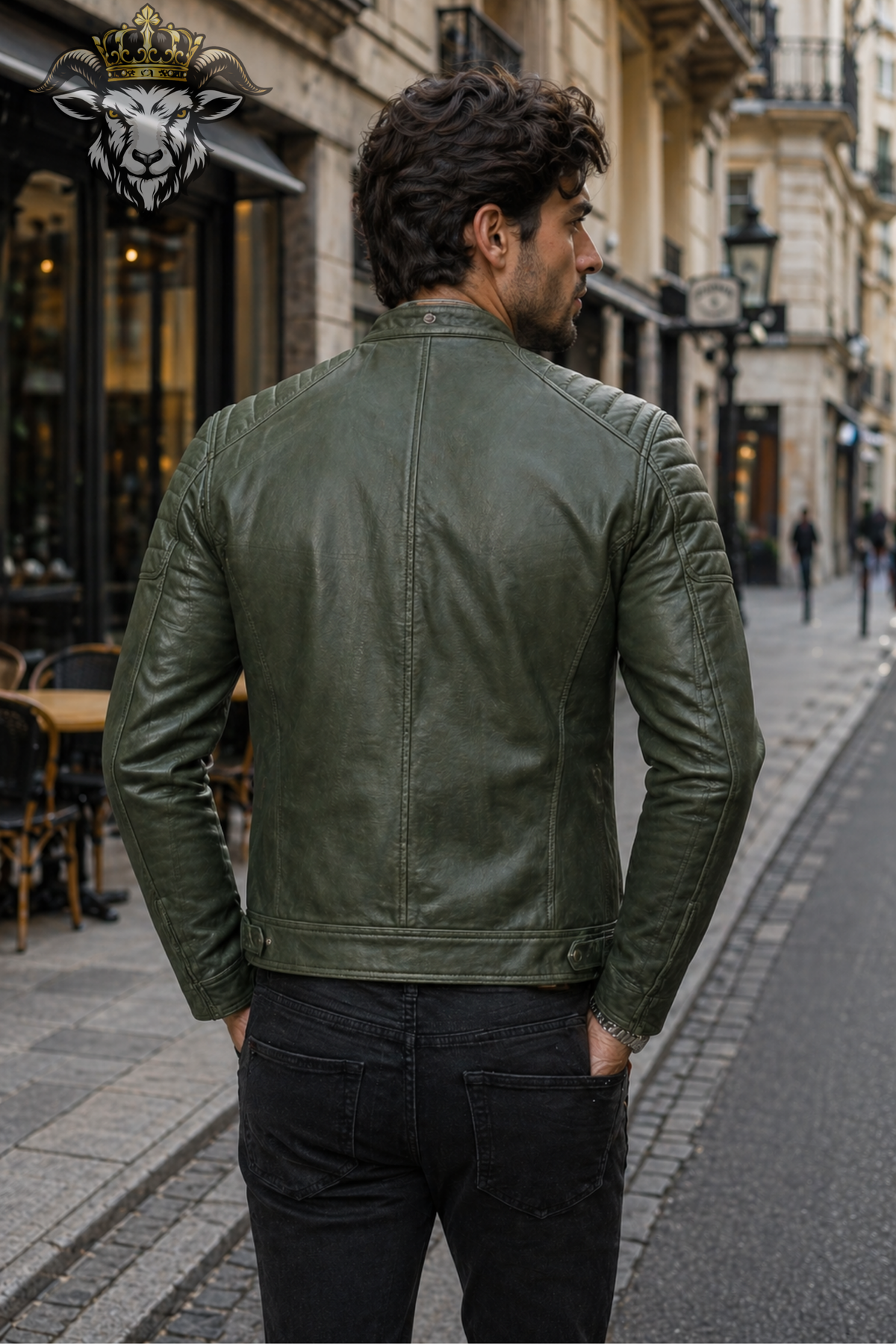 Men’s Olive Green Real Leather Biker Jacket – Slim Fit Café Racer Moto Jacket with Quilted Shoulders & Zip Pockets