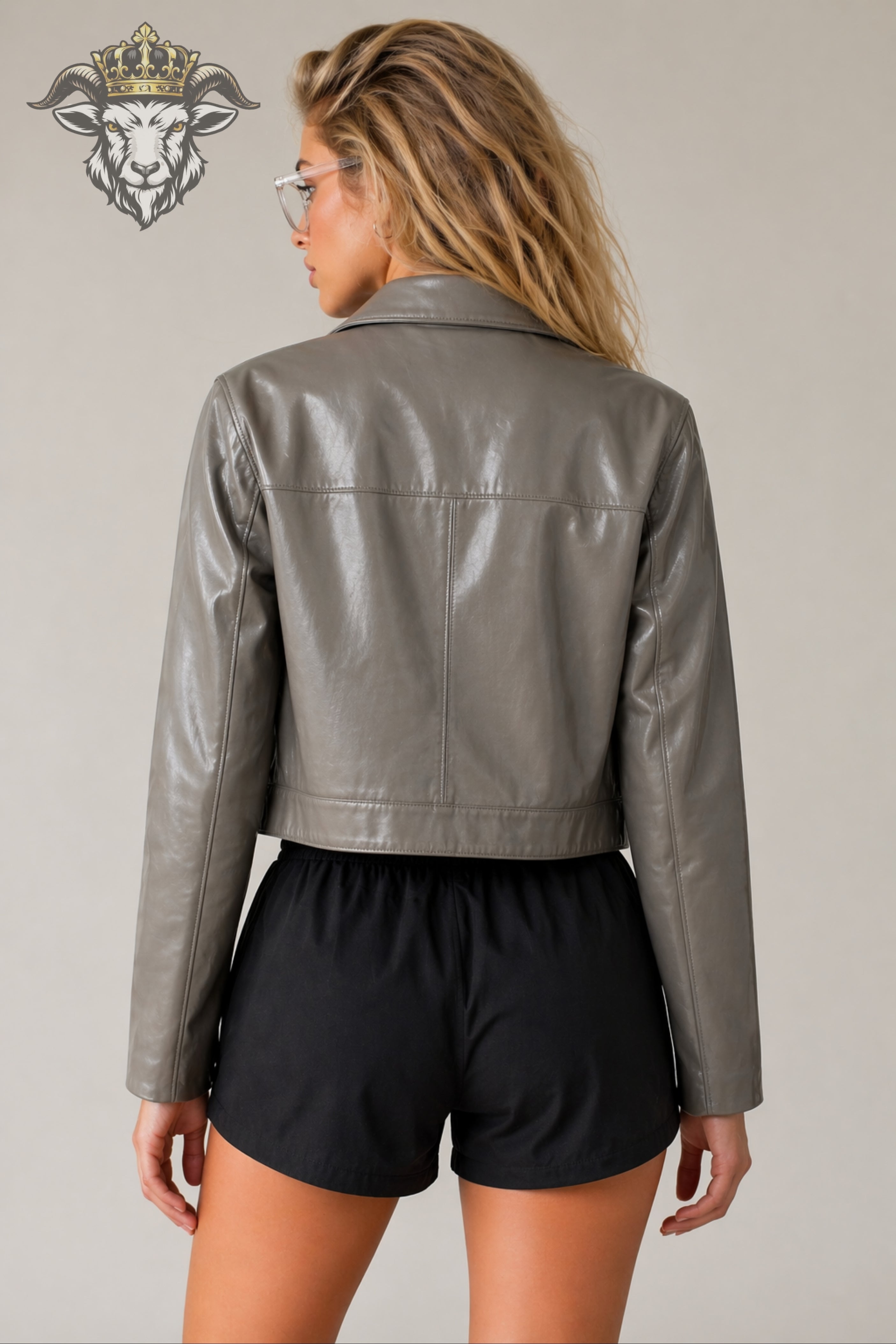 Women’s Light Grey Real Leather Cropped Jacket