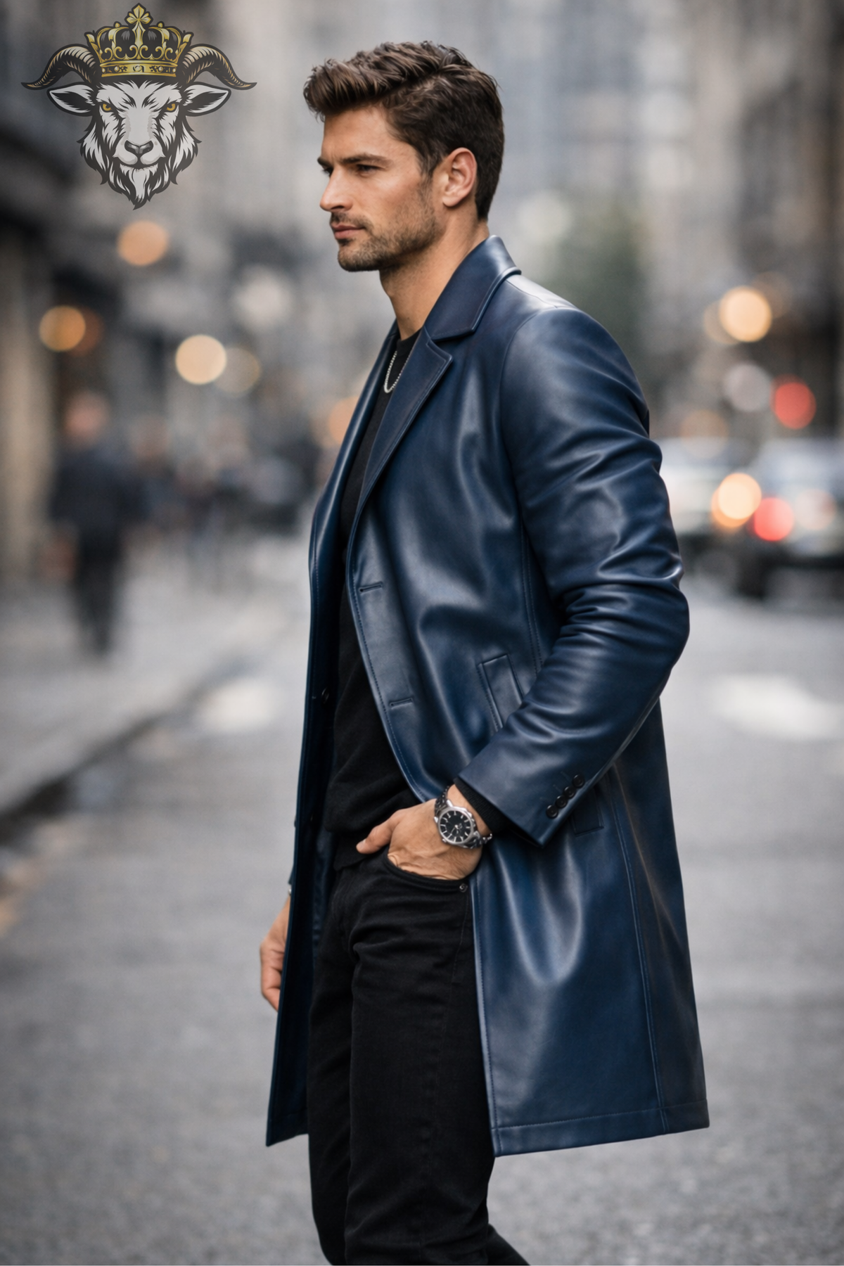 Men's Navy Blue Leather Overcoat, Long Slim Fit Coat, Classic Notch Lapel Jacket, Three Button Front, Refined Men's Outerwear