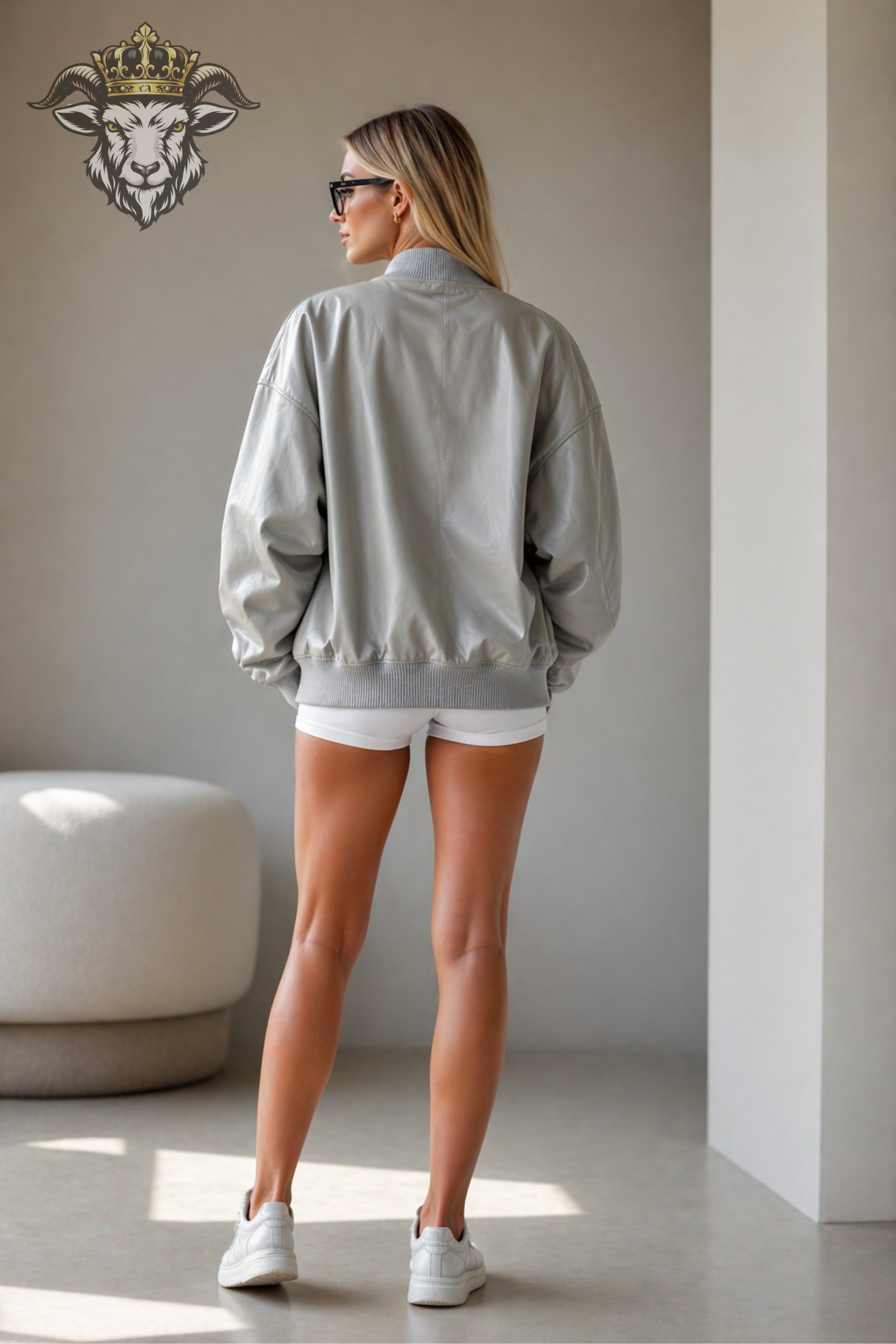 Women’s Light Grey Oversize Real Leather Bomber Jacket