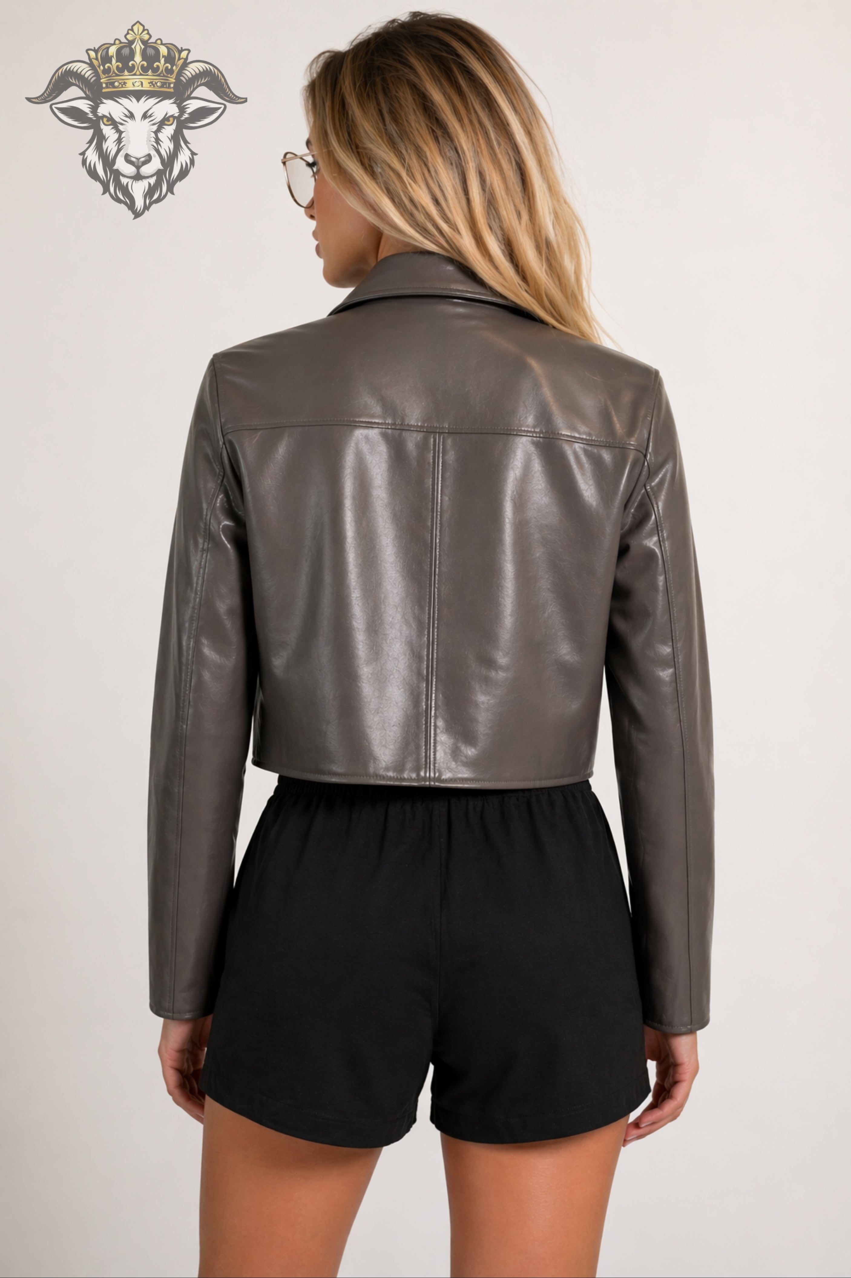 Women’s Grey Real Leather Cropped Jacket