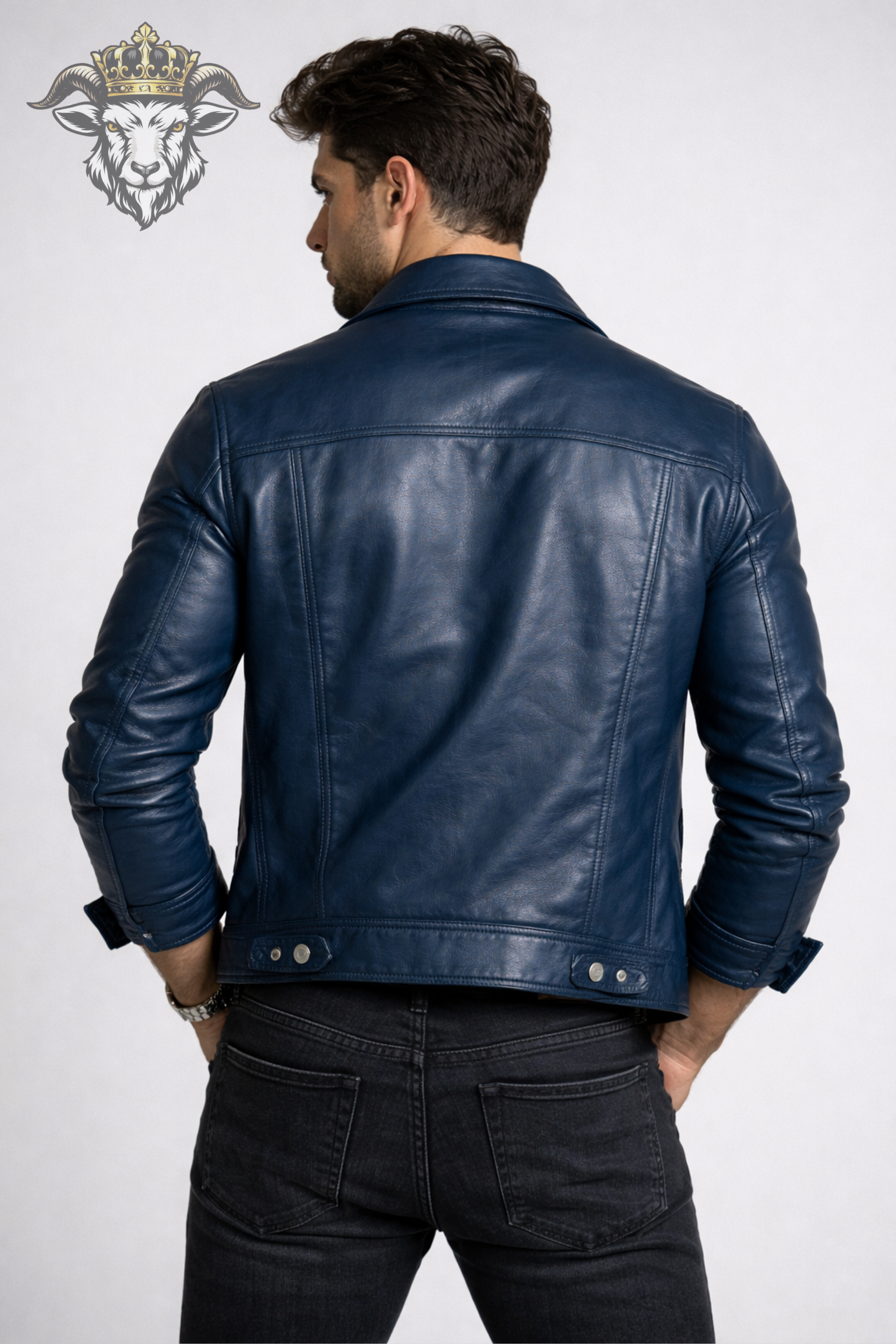 Men’s Blue Real Leather Trucker Jacket