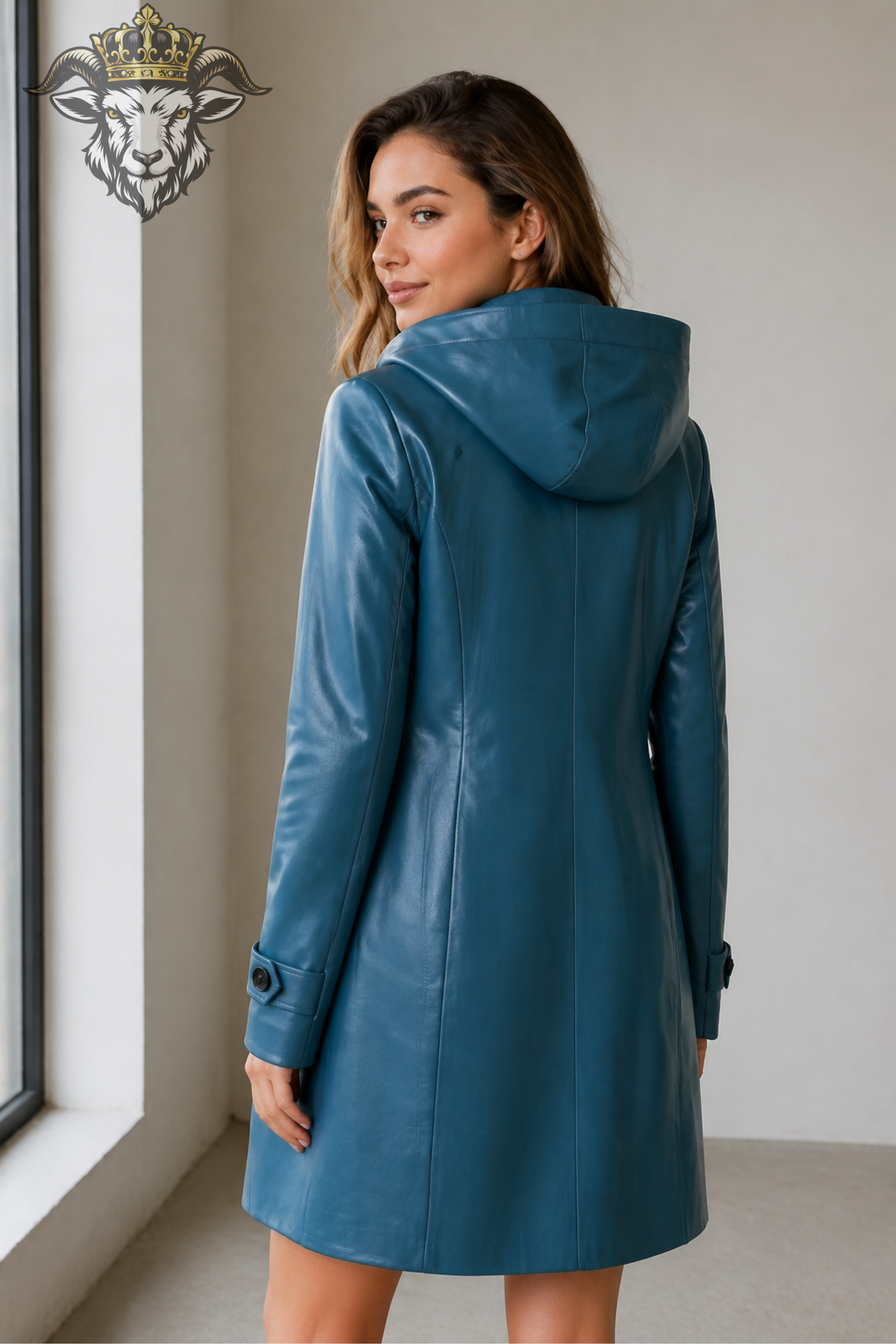 Women's Teal Leather Hooded Trench Coat – Mid-Thigh Long Coat, Stylish Women's Outerwear, Button Front Hooded Coat, Modern Fall Jacket