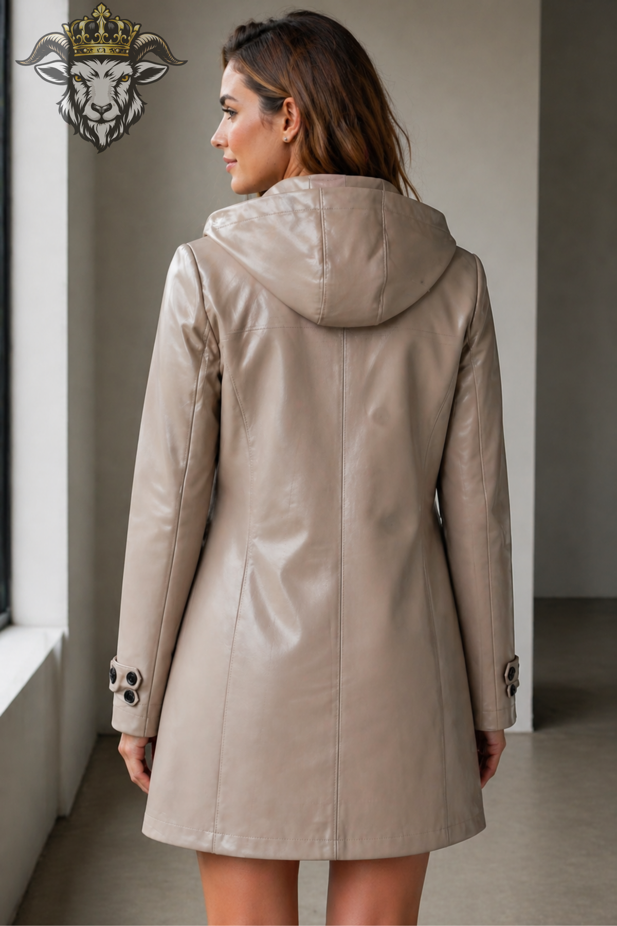 Women’s Beige Leather Hooded Trench Coat – Premium Long Leather Jacket with Black Buttons, Tailored Fit & Elegant Winter Outerwear