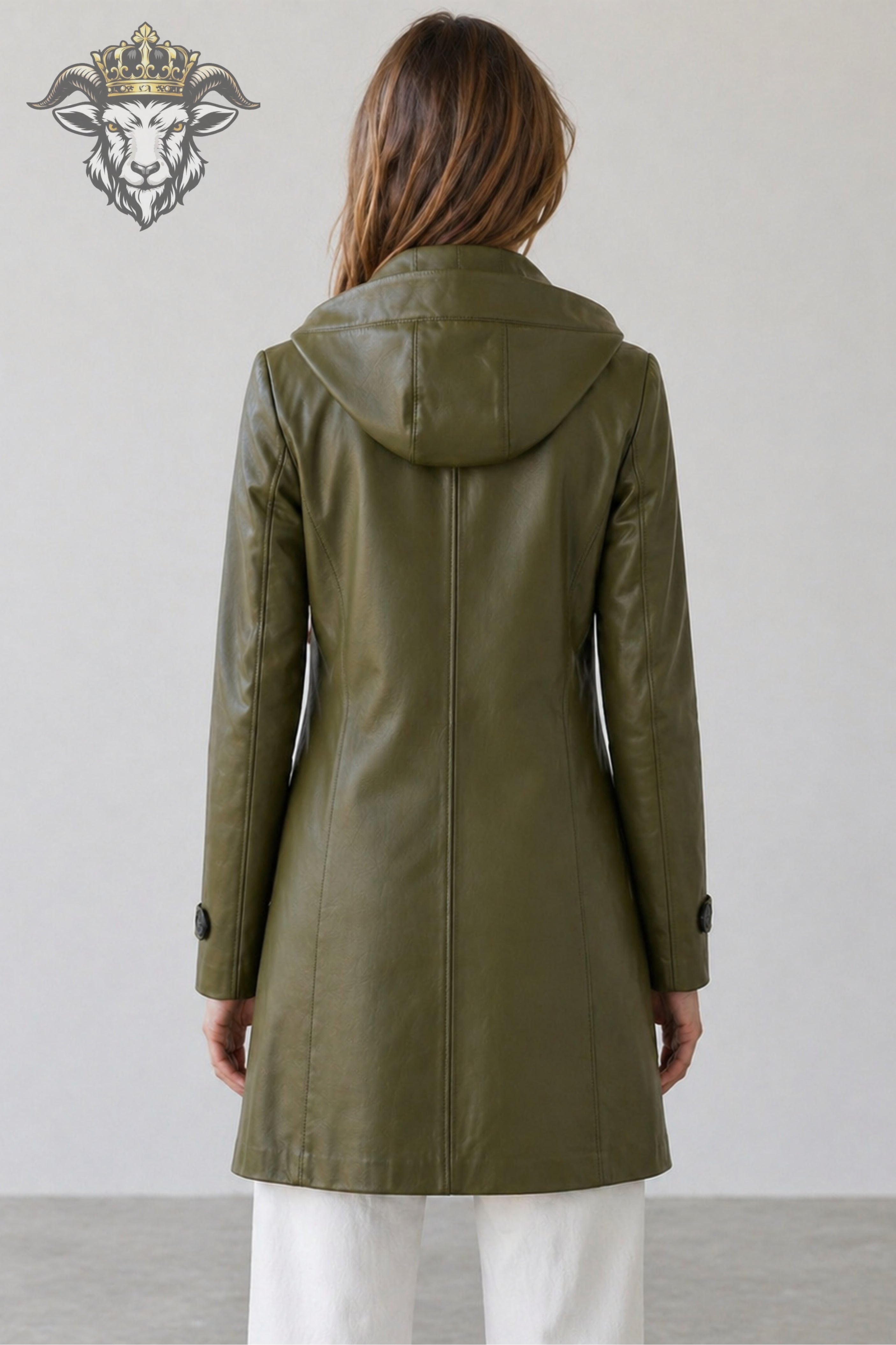 Women’s Olive Green Real Leather Hooded Coat
