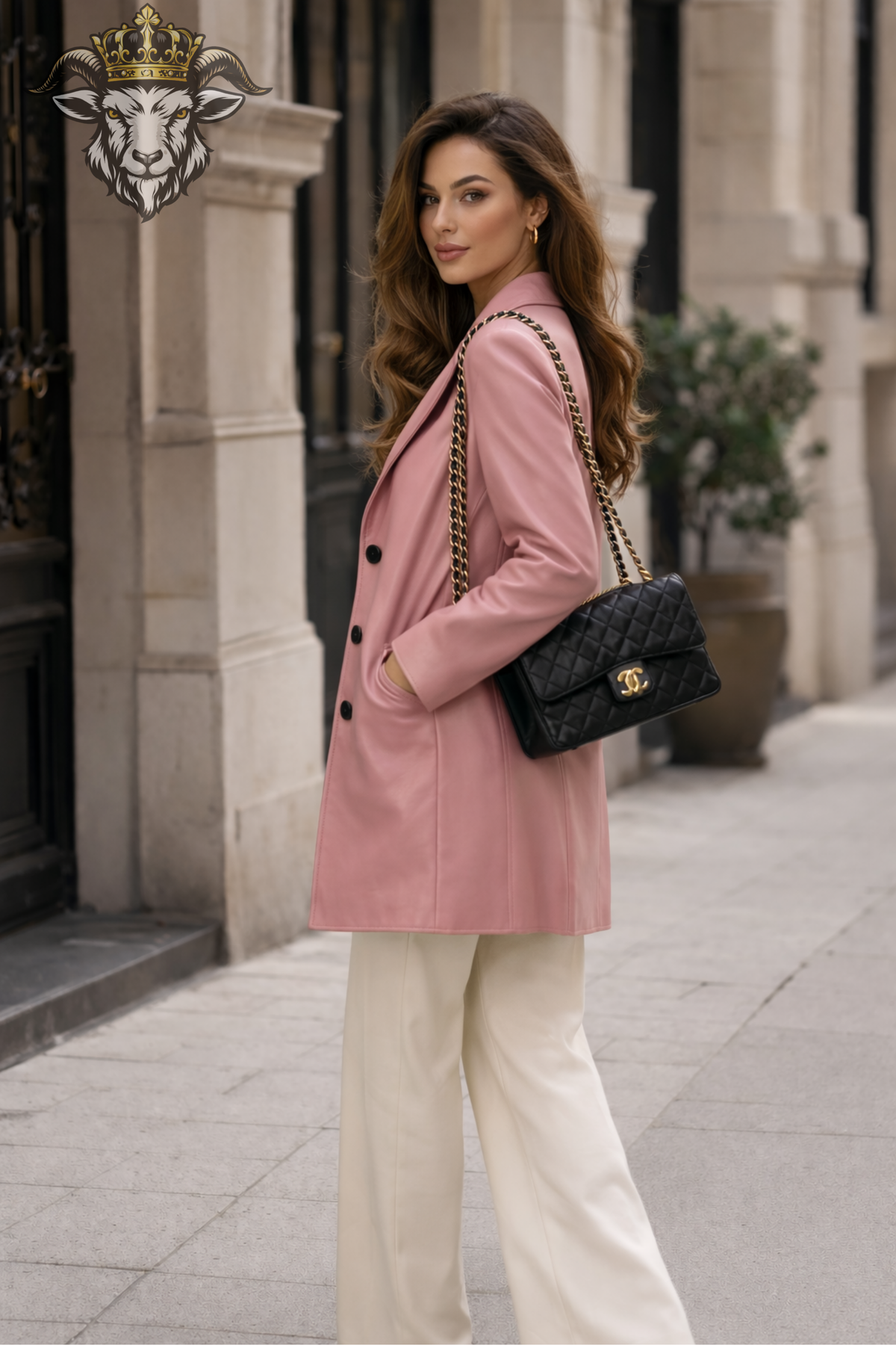 Pink Leather Look Coat for Women, Tailored Mid Length Blazer Coat, Chic Button Front Jacket, Elegant Feminine Street Style Outerwear