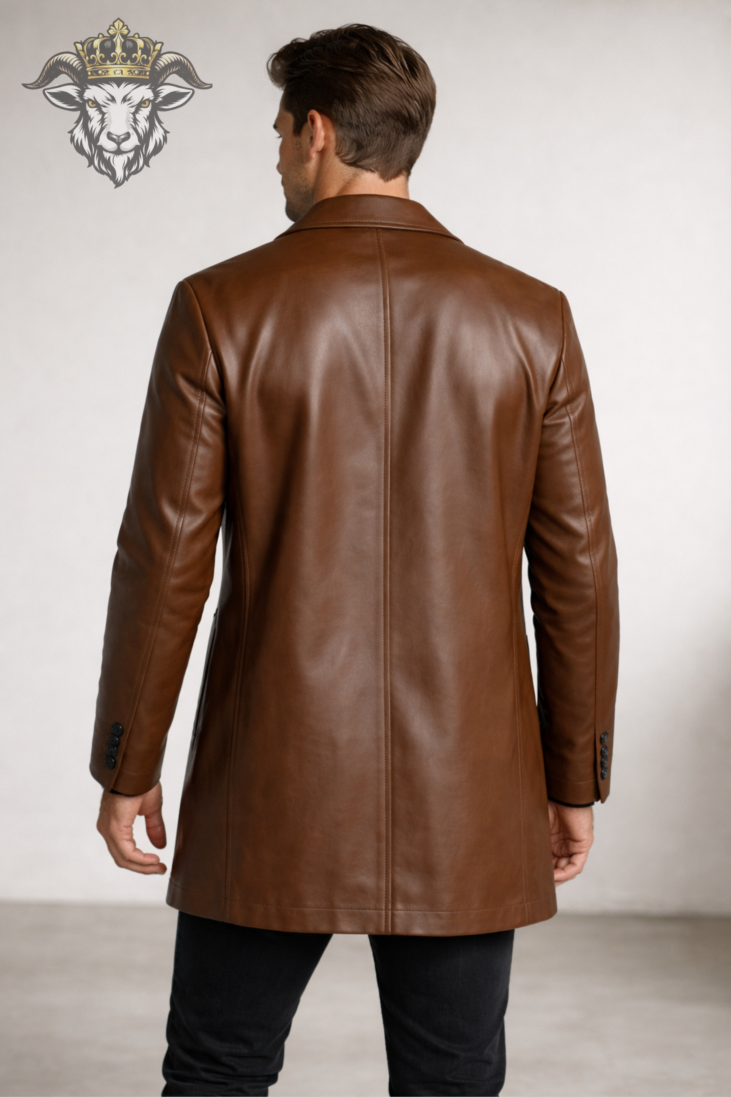 Men’s Brown Real Leather Coat – Mid-Thigh Length, Classic Tailored Fit, Premium Genuine Leather Jacket for Winter & Casual Wear