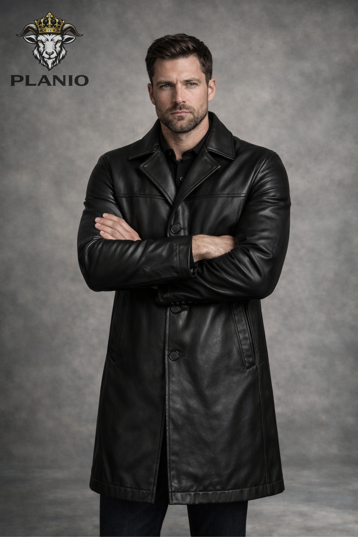 Men’s Black Real Leather Longcoat – Above Knee Button Front Leather Coat