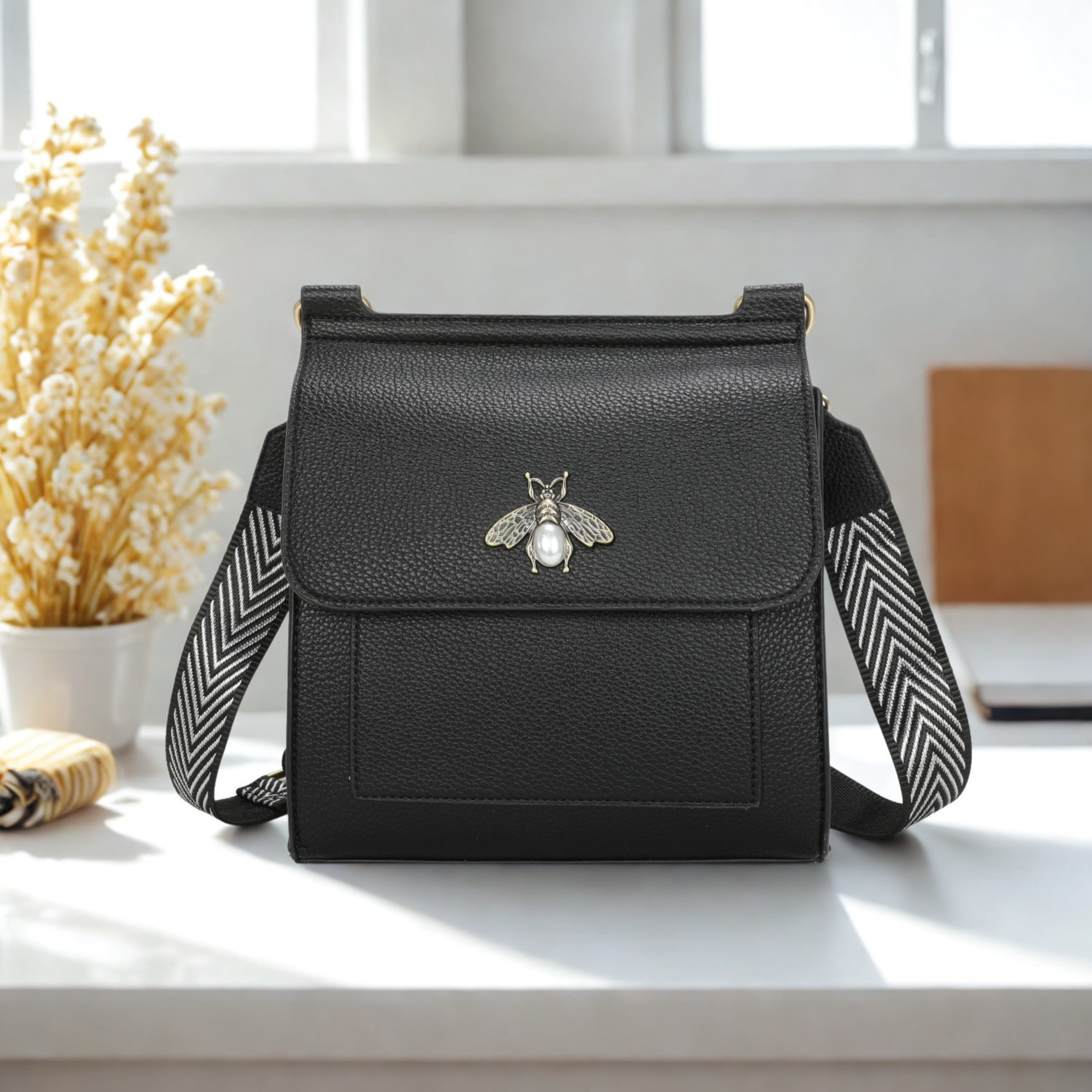 Women’s Bee Crossbody Bag with Pearl Detail, Flap Magdot Closure & Detachable Strap
