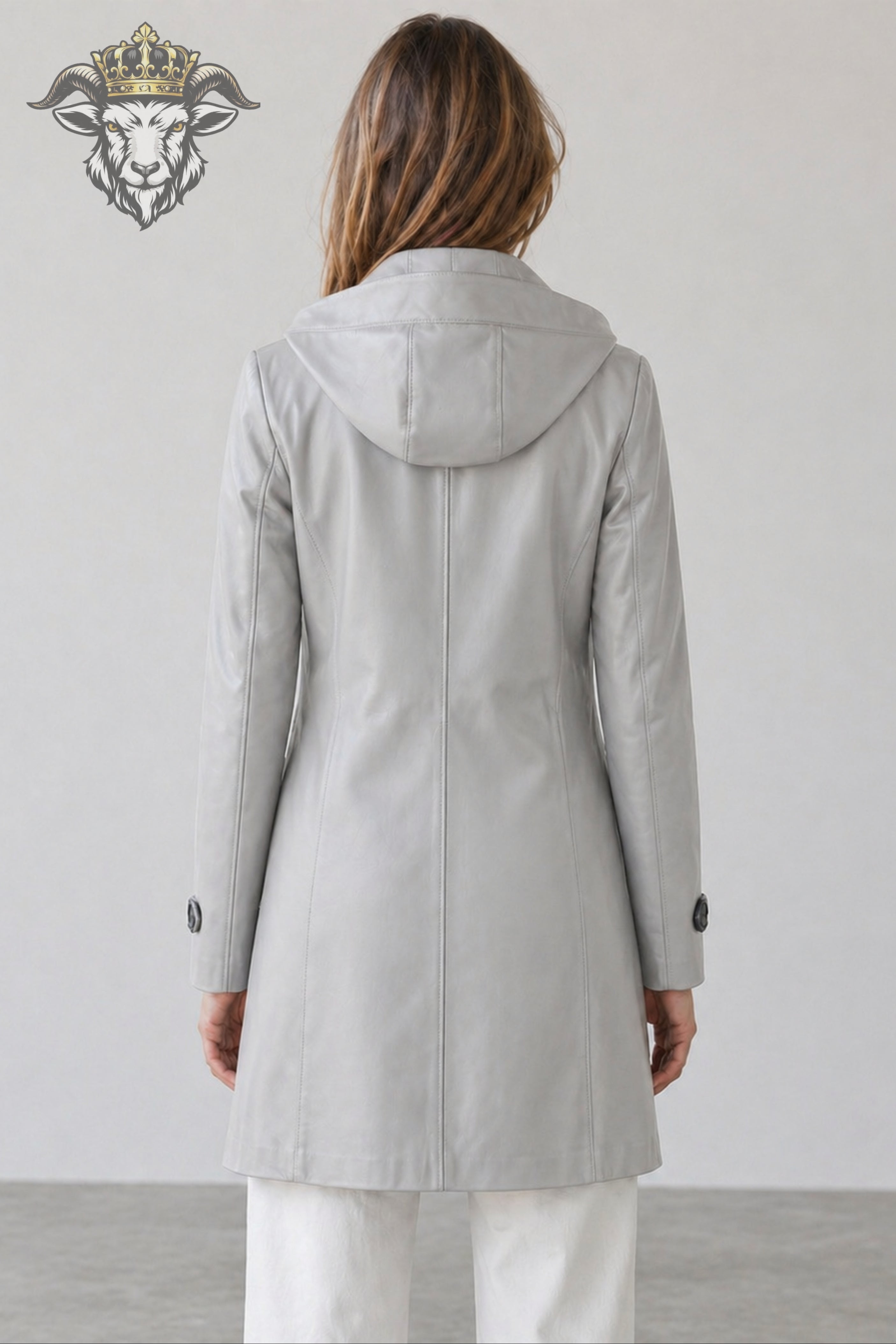 Women’s Light Grey Real Leather Hooded Coat
