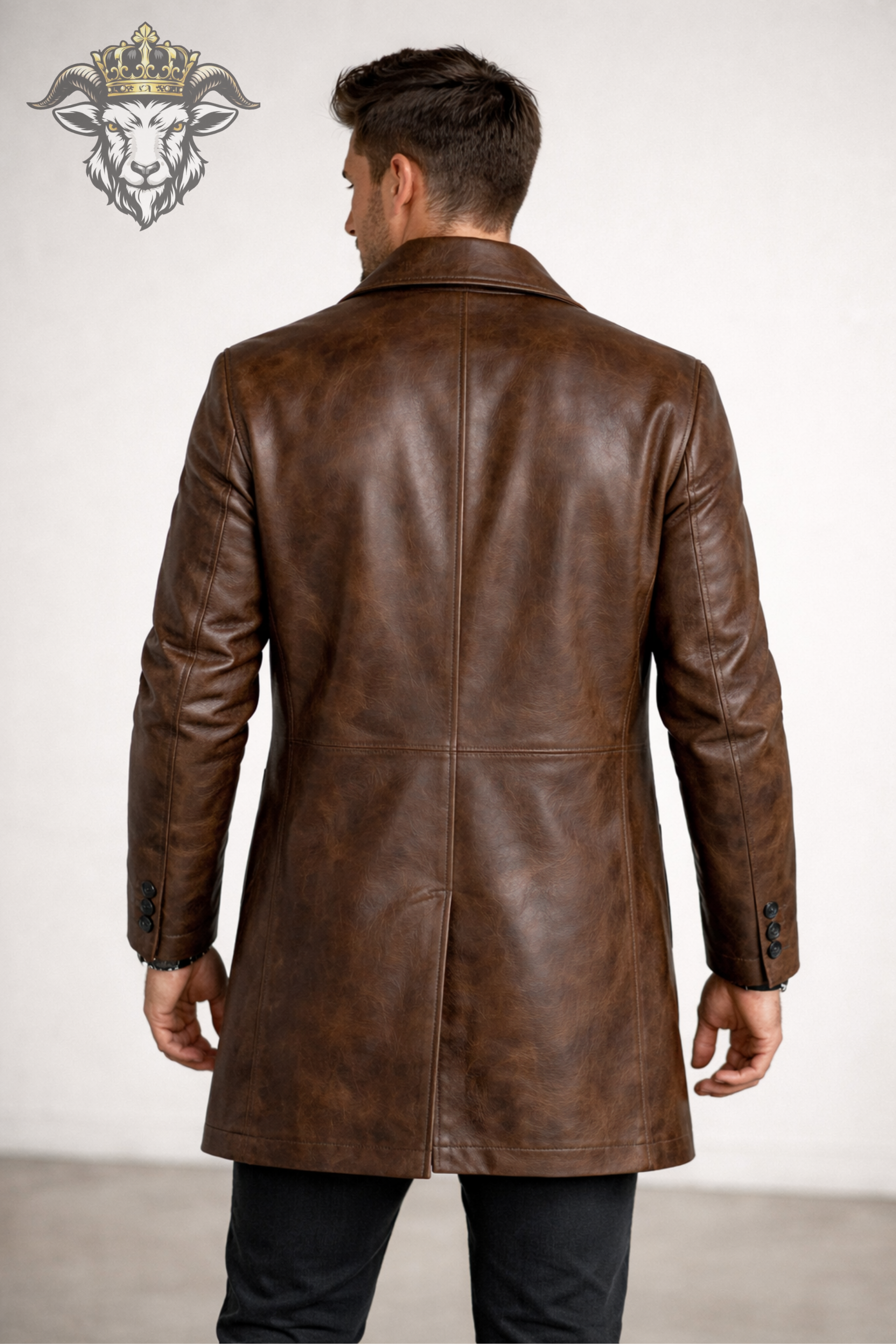 Men’s Distressed Brown Real Leather Coat – Mid-Thigh Premium Vintage Style Jacket | Classic Tailored Fit Winter Overcoat
