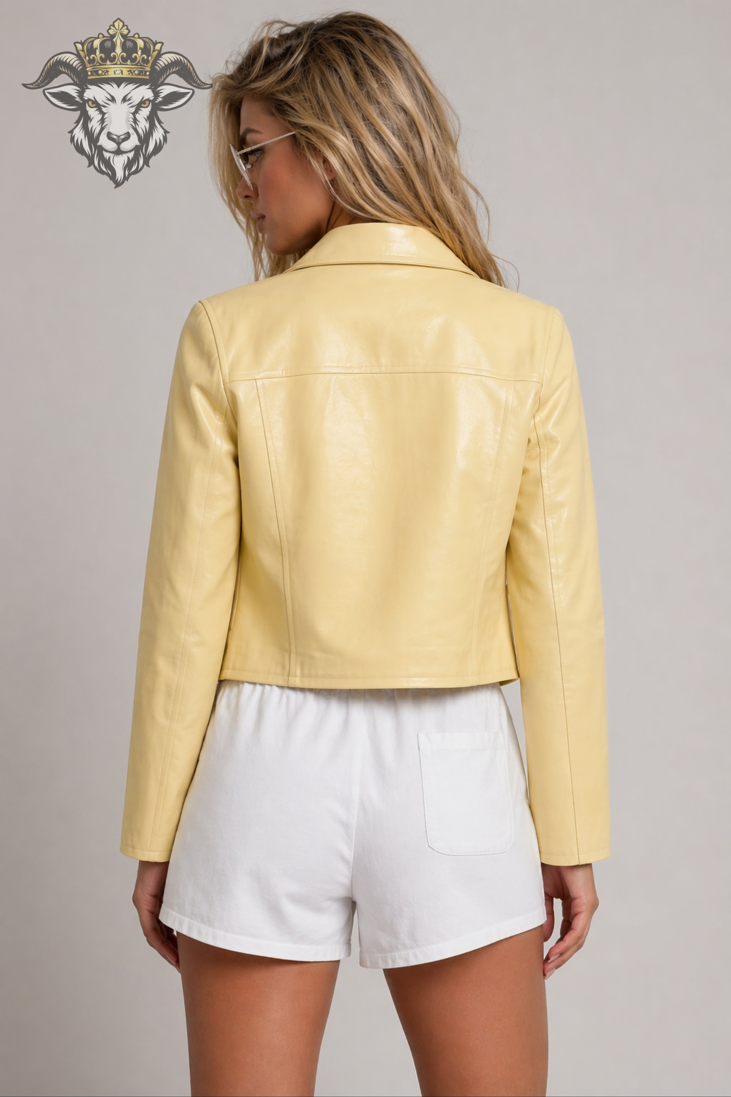 Women’s Pale Yellow Real Leather Cropped Jacket