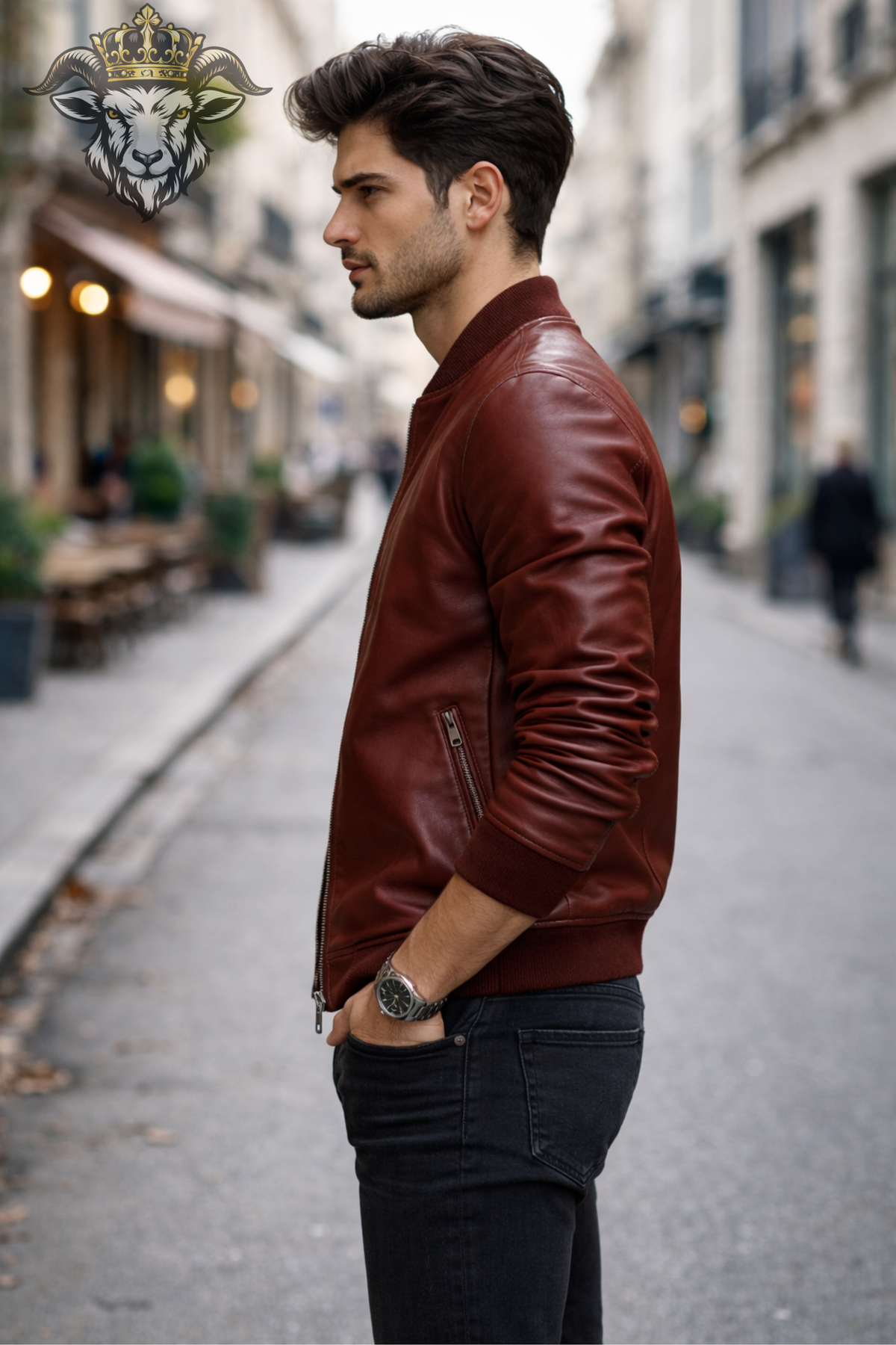 Men's Burgundy Red Leather Bomber Jacket, Ribbed Collar Zip-Up Jacket, Modern Classic Outerwear