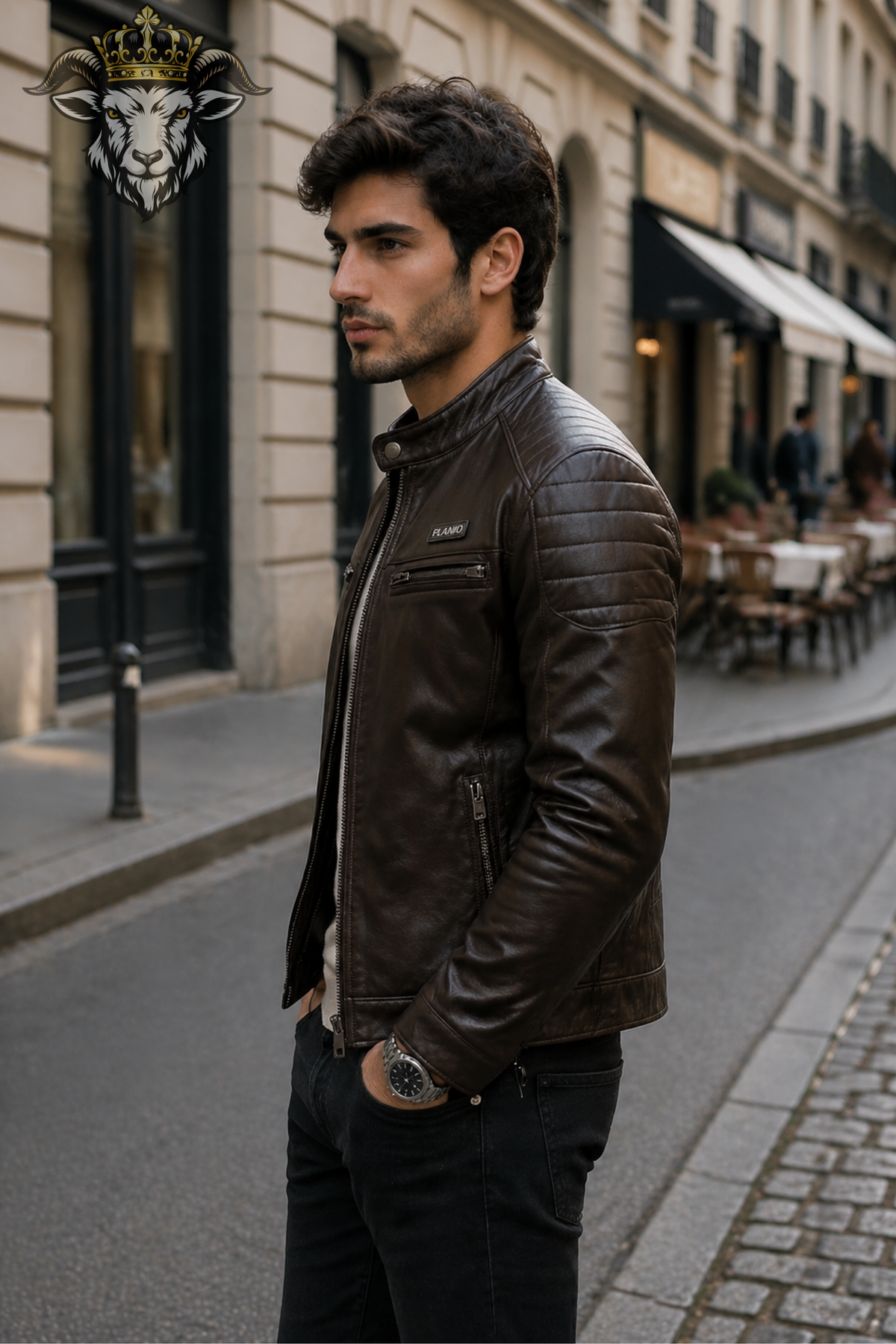Men's Dark Brown Leather Biker Jacket, PLANIO Slim Fit Motorcycle Jacket, Quilted Shoulder Detail, Stand Collar, Zipper Front Casual Outerwear