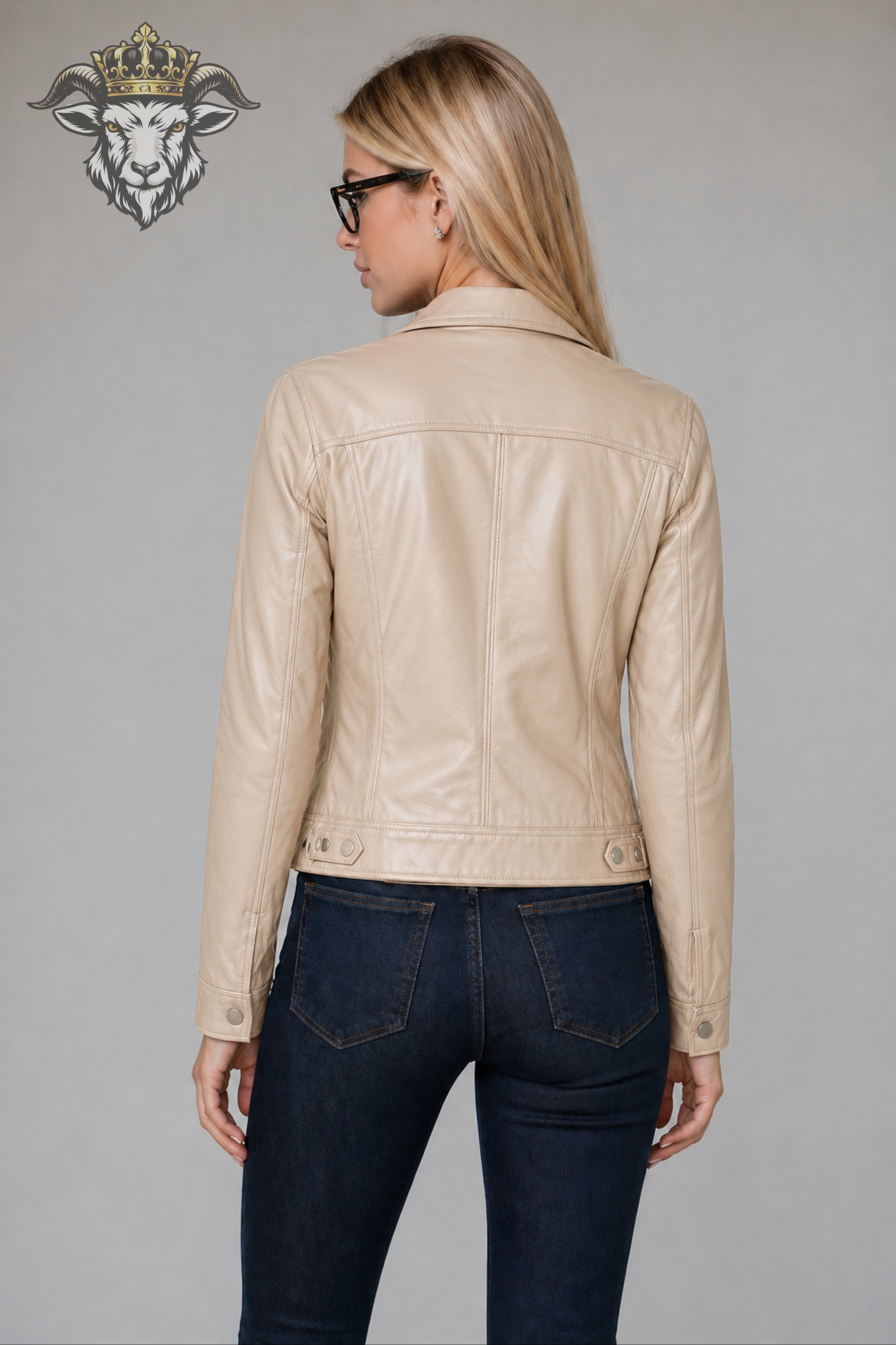 Women’s Beige Real Leather Trucker Jacket