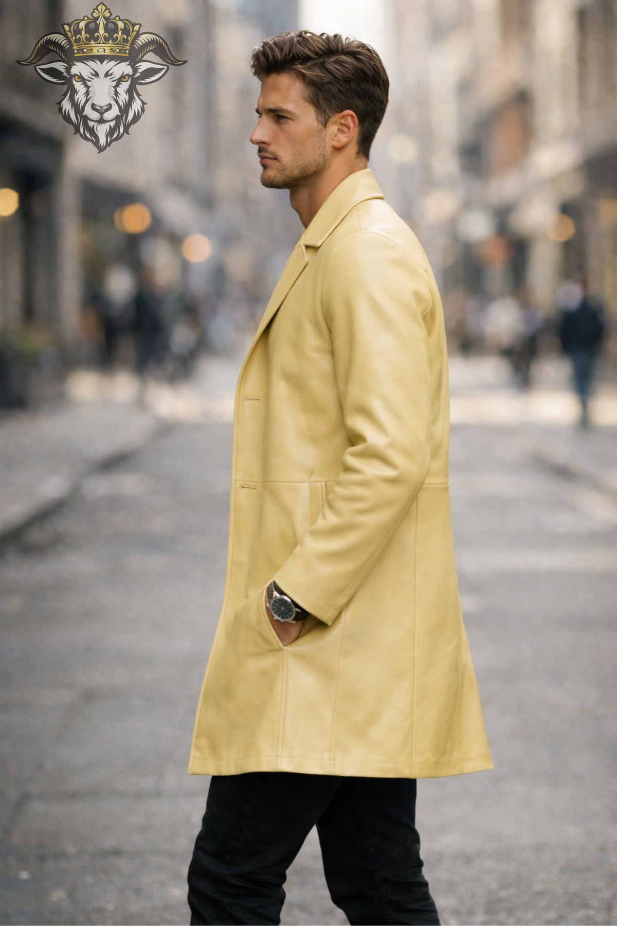 Men's Light Yellow Real Leather Coat, Slim Fit Leather Trench Jacket, Mid-Thigh Lapel Overcoat, Minimalist Luxury Menswear