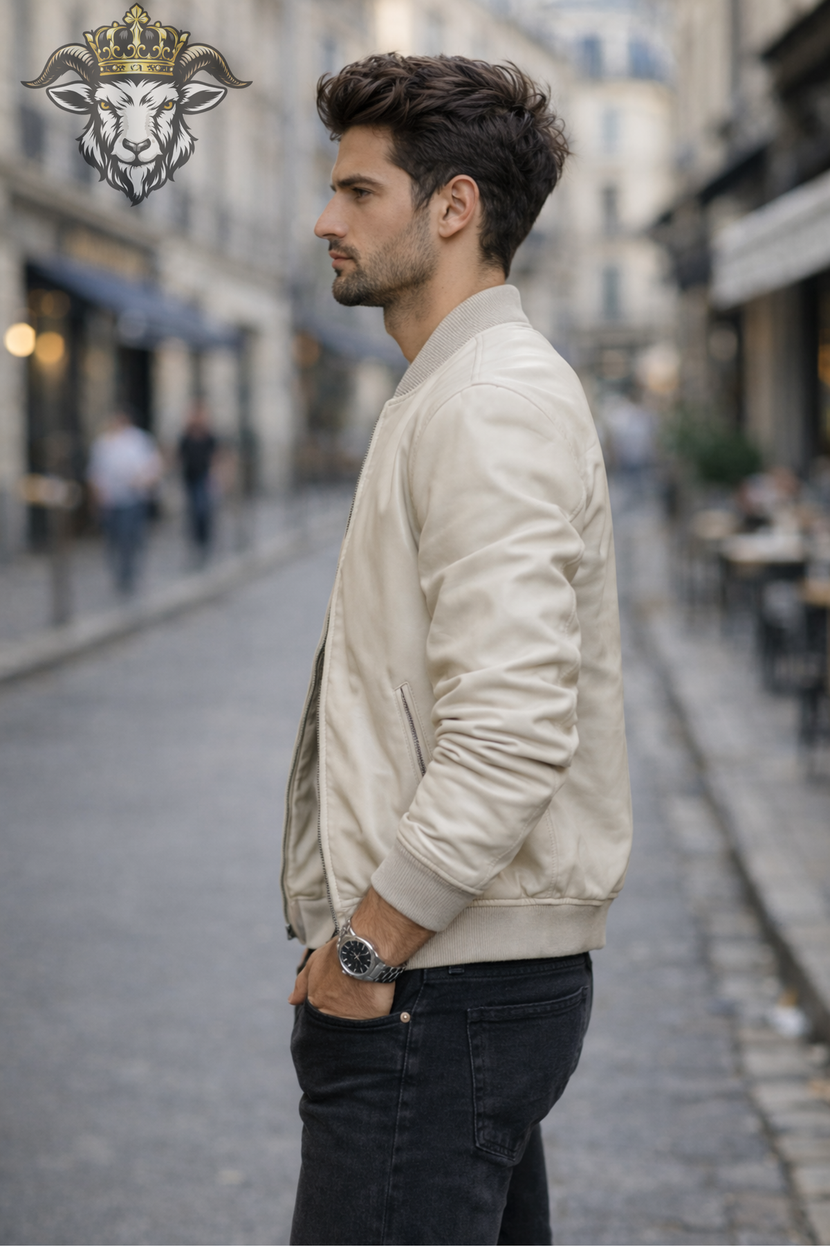 Men's Cream Real Leather Bomber Jacket, Ribbed Collar Zip-Up Jacket, Minimalist Beige Streetwear Outerwear, Casual Moto Jacket